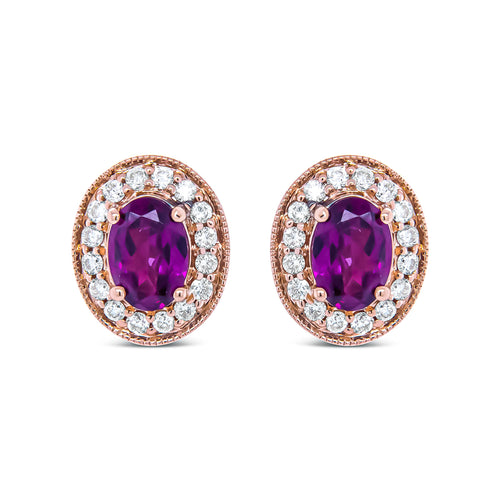 14K Rose Gold 7x5mm Oval Cut Garnet and 3/8 Cttw Round Diamond Halo Stud Earrings (G-H Color, SI1-SI2 Clarity)