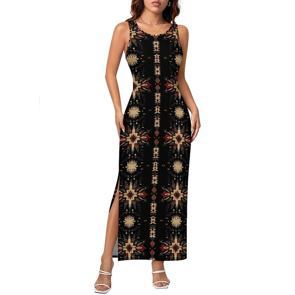 Baha Ranch Black and Tan Aztec Bodycon Side Slit Western Maxi Dress