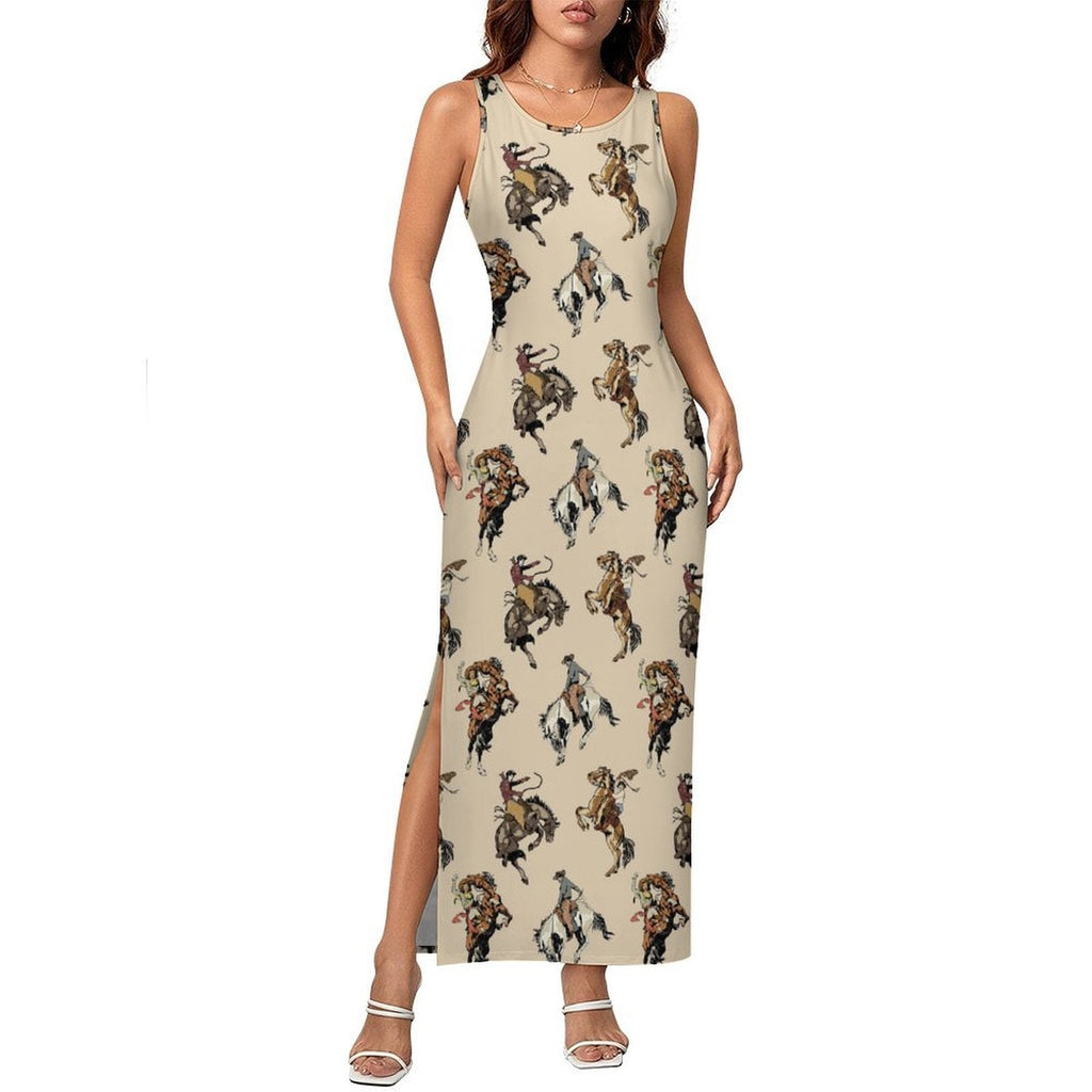 Baha Ranch Vintage Cowgirl Sleeveless Bodycon Side Slit Long Maxi Dress