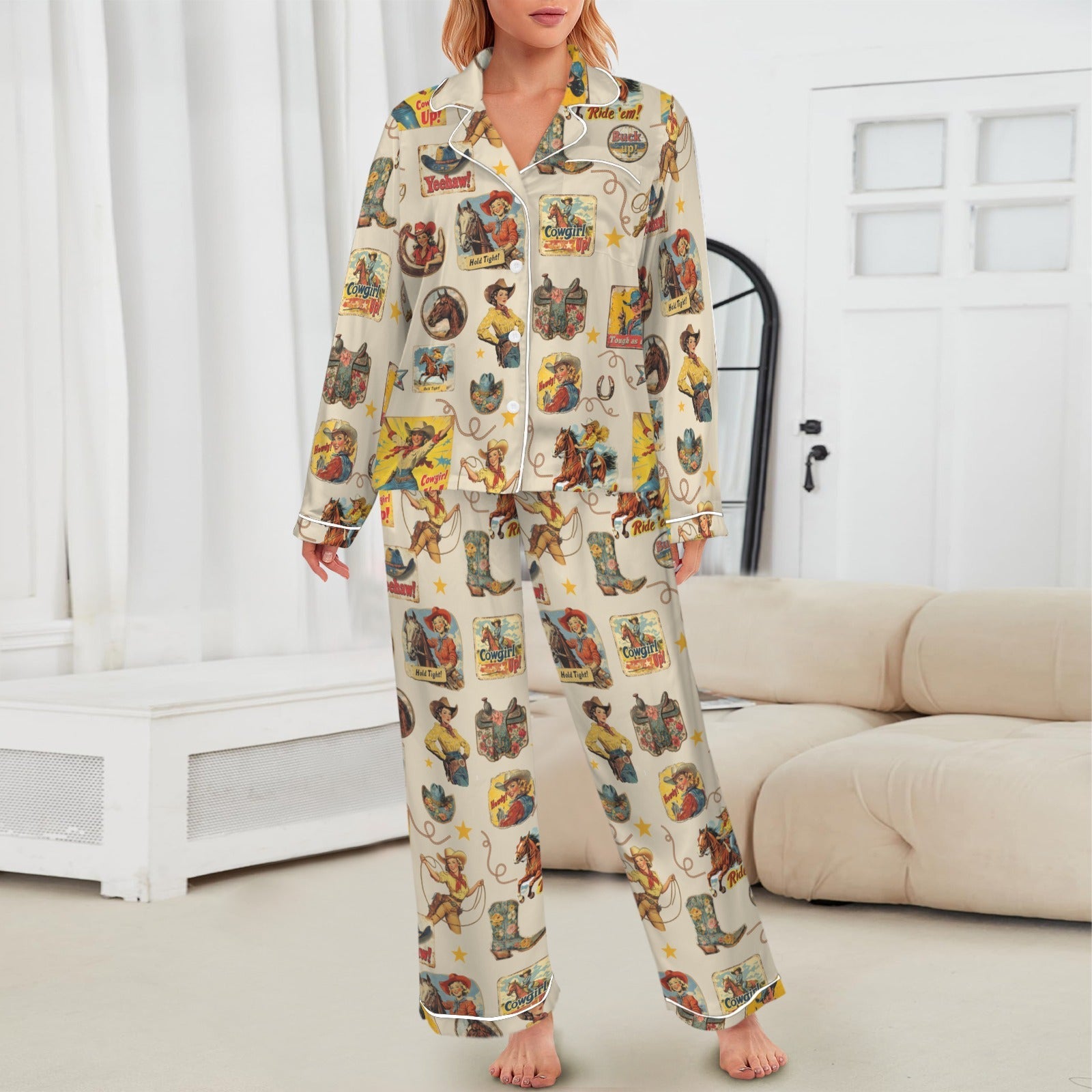 Baha Ranch Vintage Cowgirl Collage Western Rodeo Satin Pajamas
