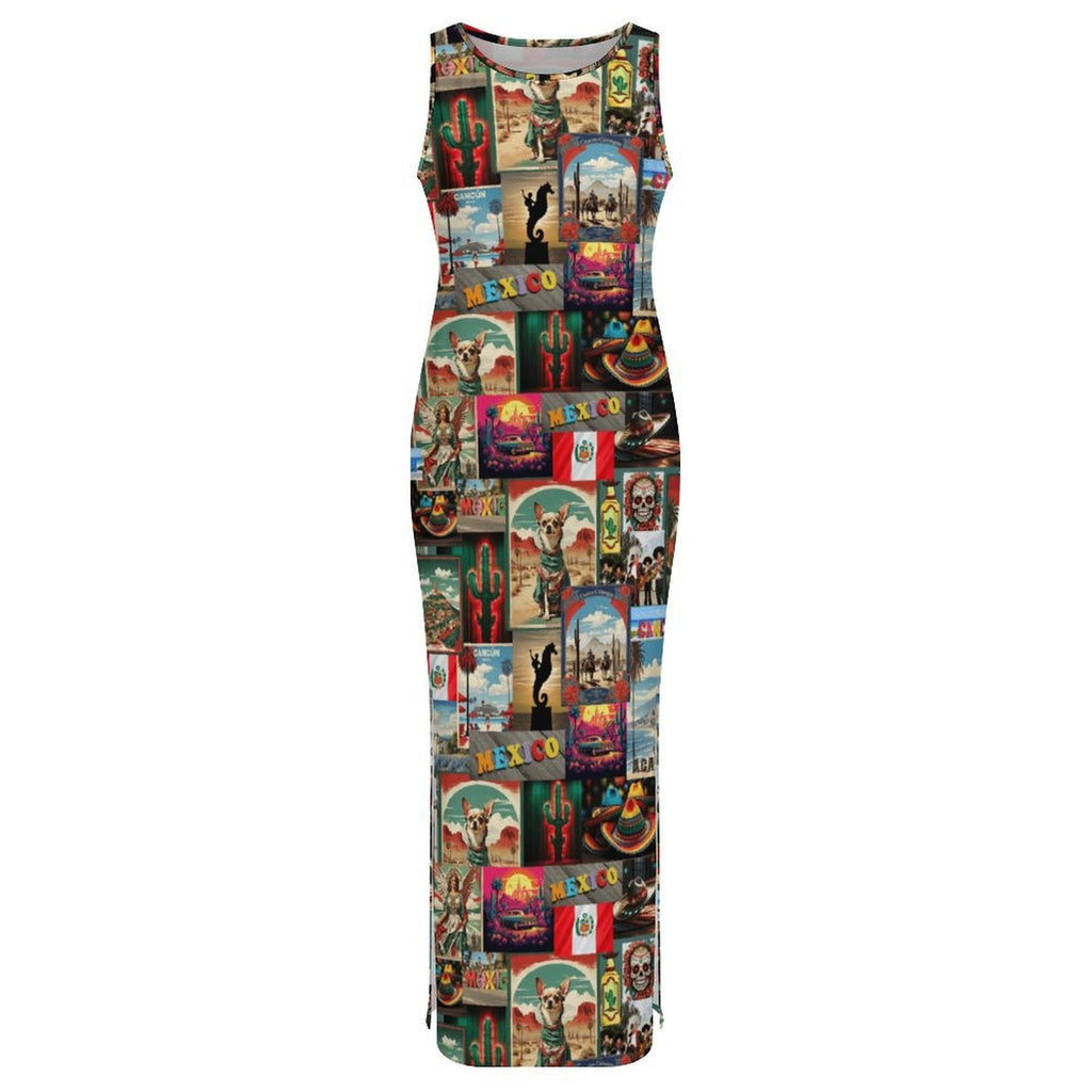 Baha Ranch Colores De Mexico Destination Mexico Sleeveless Bodycon Side Slit Long Dress