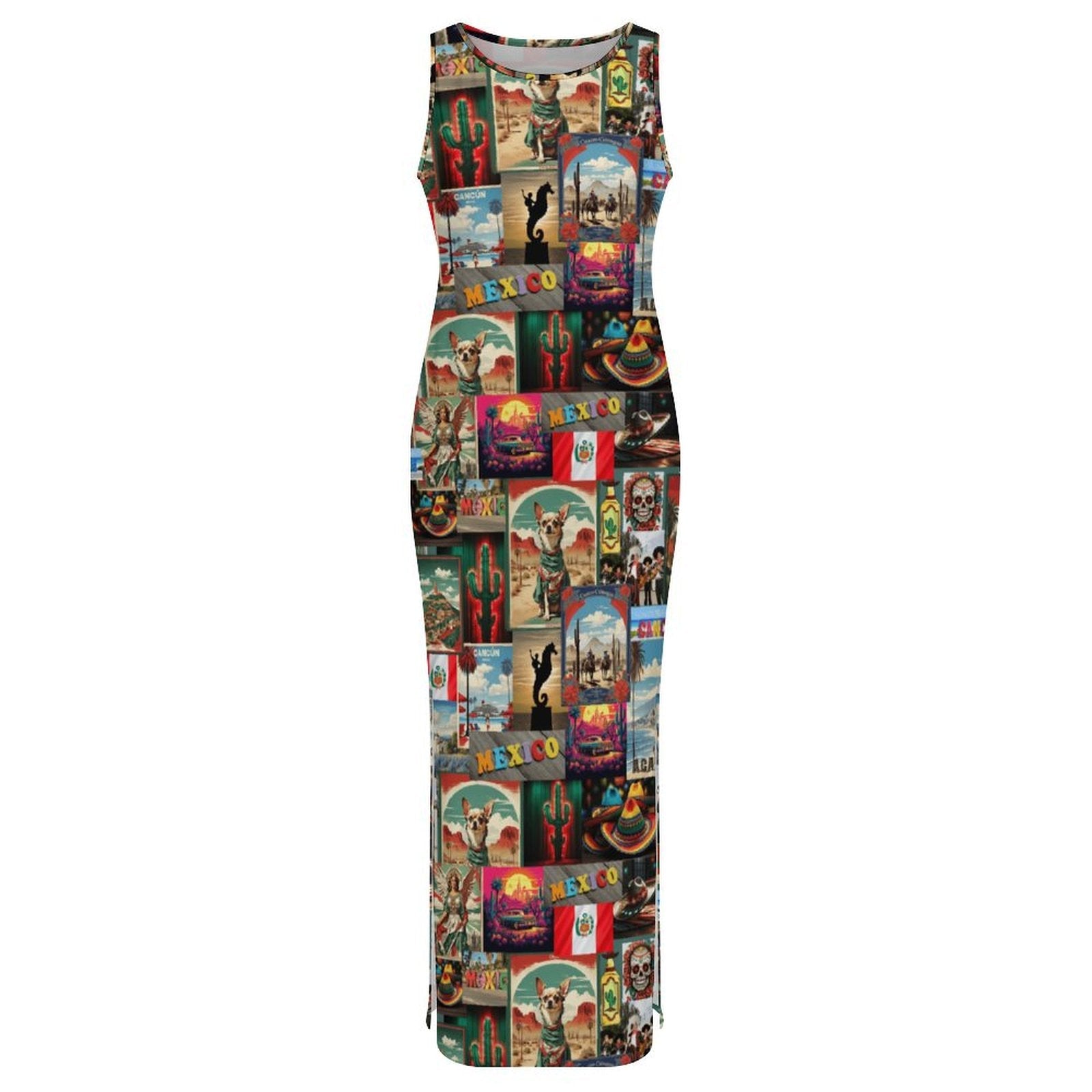 Baha Ranch Colores De Mexico Destination Mexico Sleeveless Bodycon Side Slit Long Dress