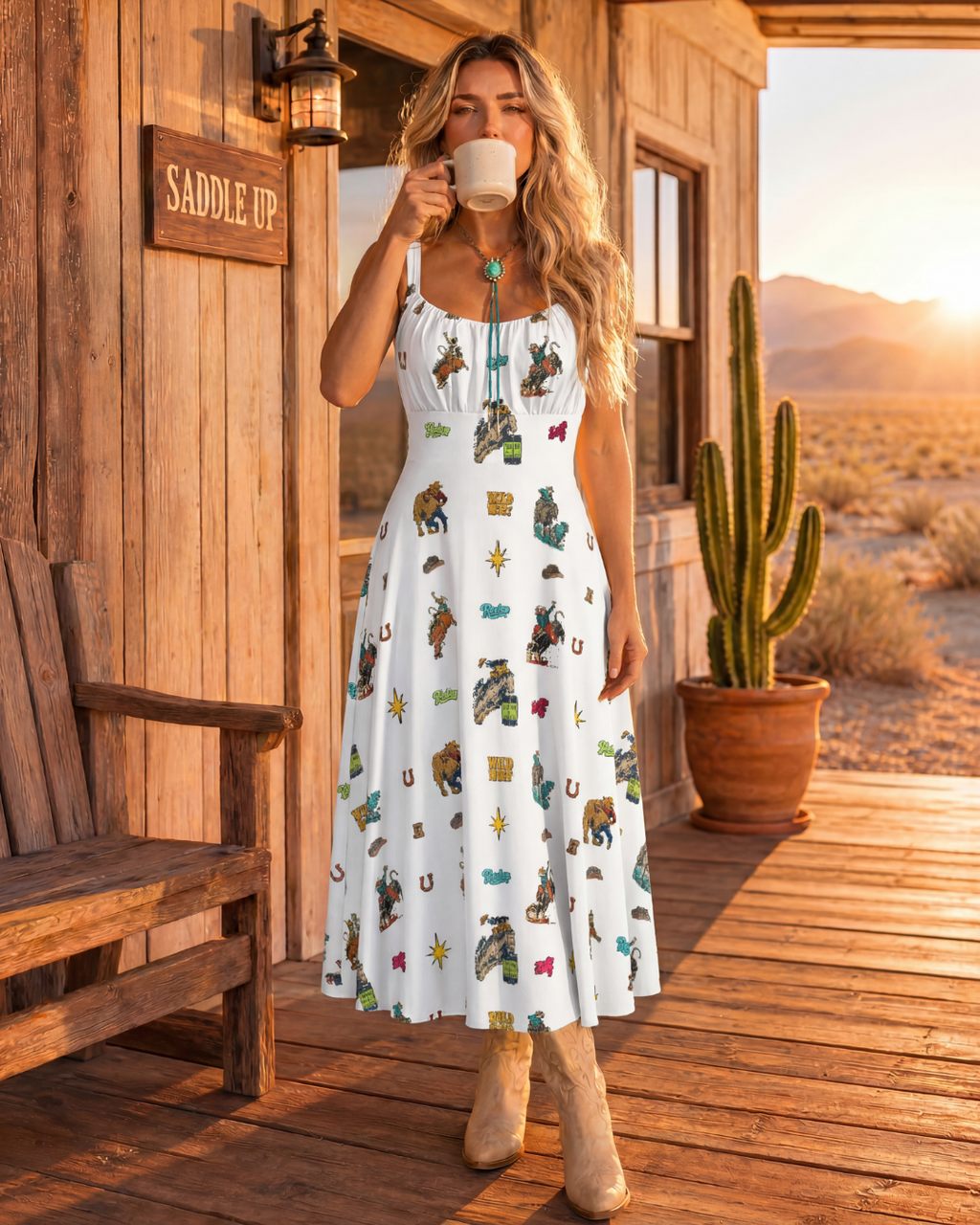 Baha Ranch The Last Roundup Western Rodeo Prairie Dress in White