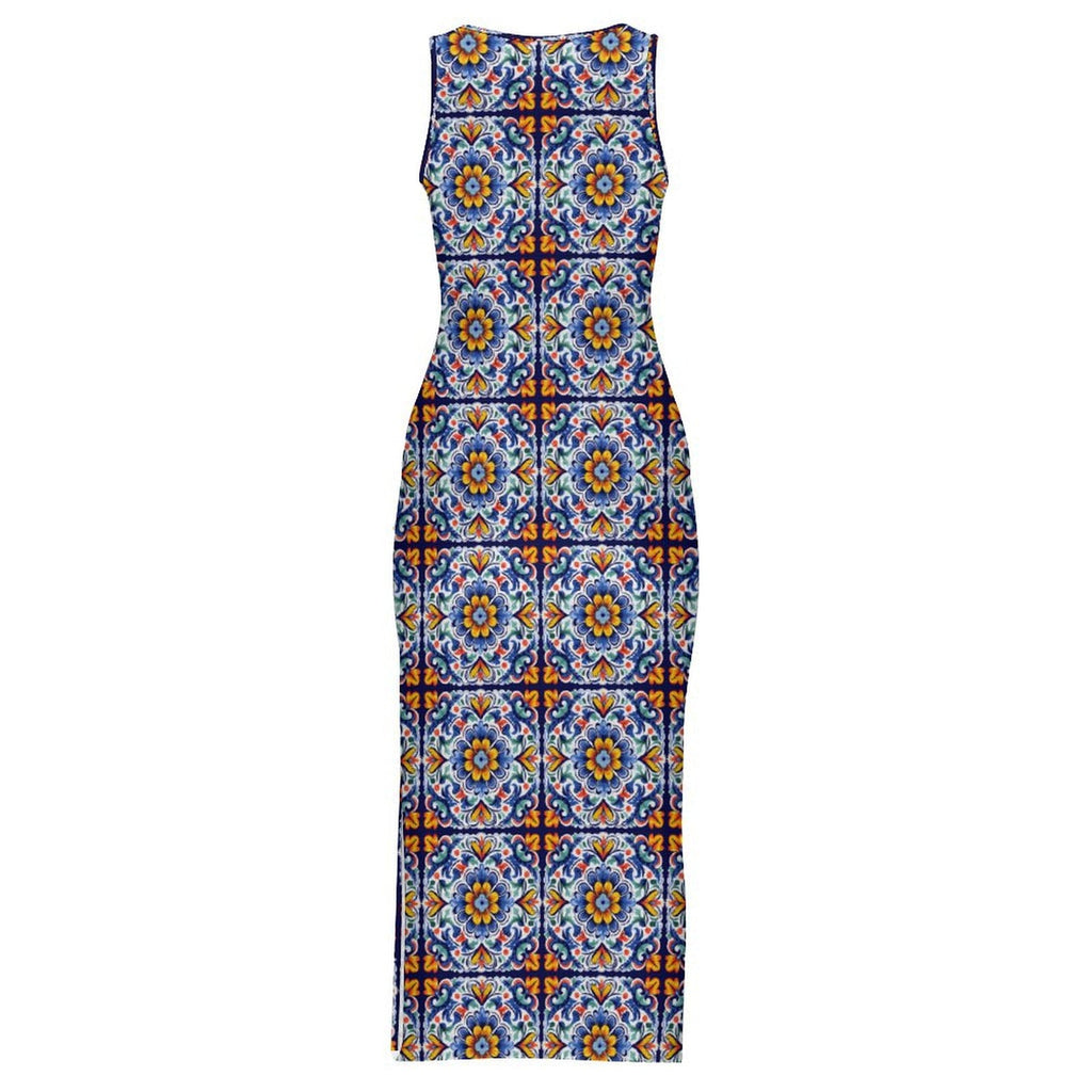 Baha Ranch Colores de Mexico Talavera Sleeveless Bodycon Side Slit Long Dress