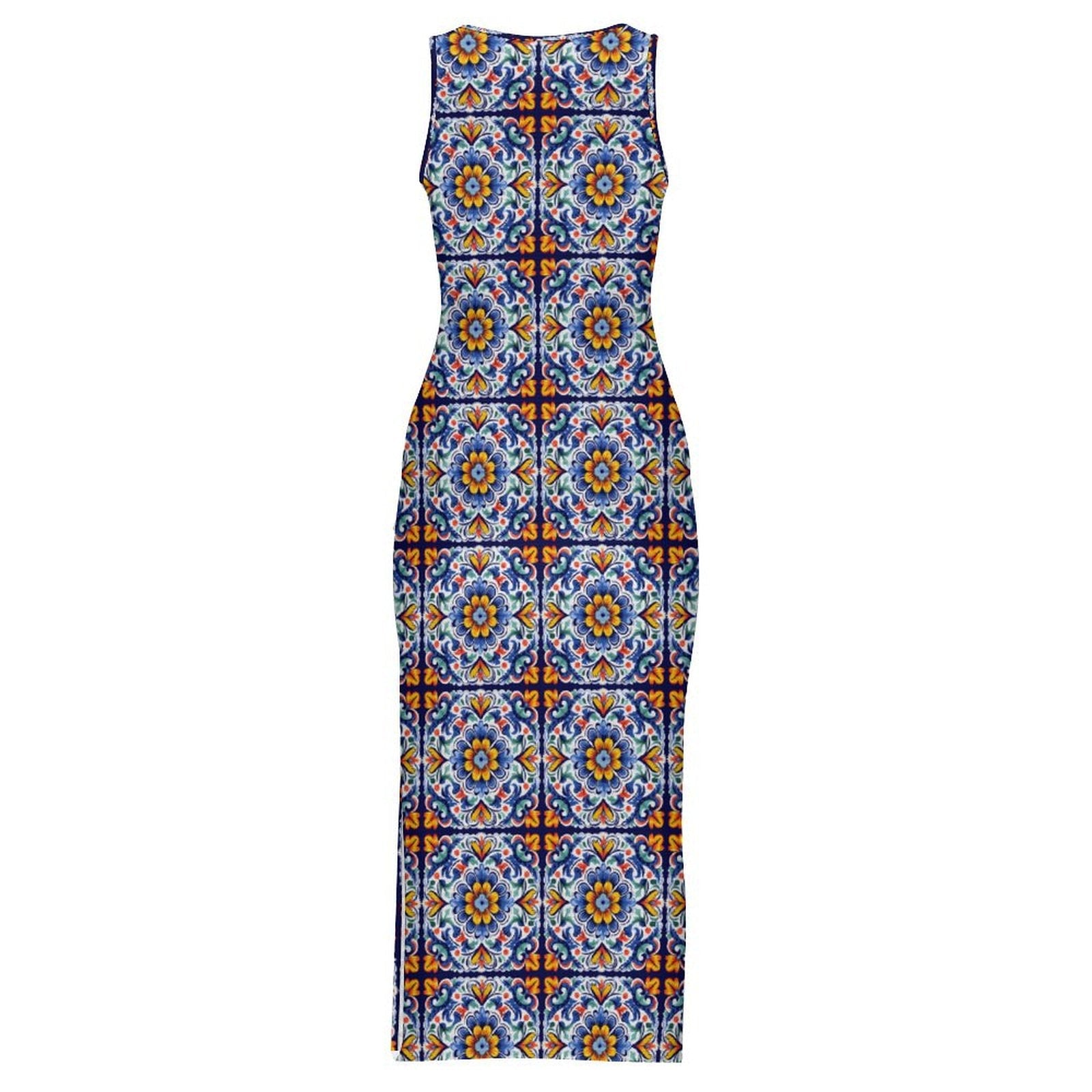 Baha Ranch Colores de Mexico Talavera Sleeveless Bodycon Side Slit Long Dress