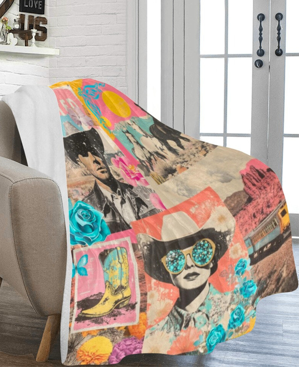 Baha Ranch Pop Western Collage Throw Blanket Ultra-Soft Micro Fleece Blanket 60" x 80" Made in America