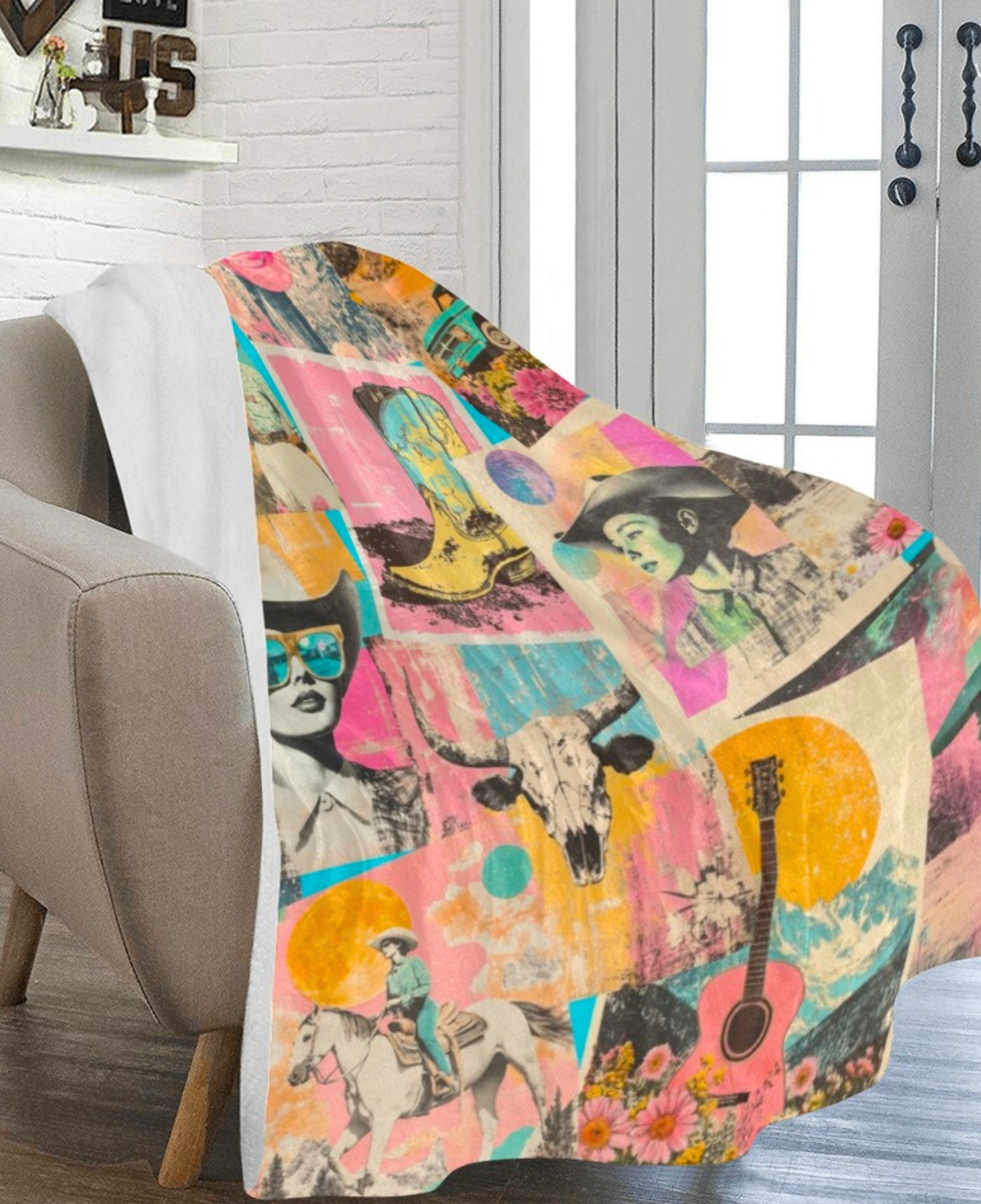 Baha Ranch Pop Western Retro Cowgirl Collage Throw Blanket 60" x 80" Made in America
