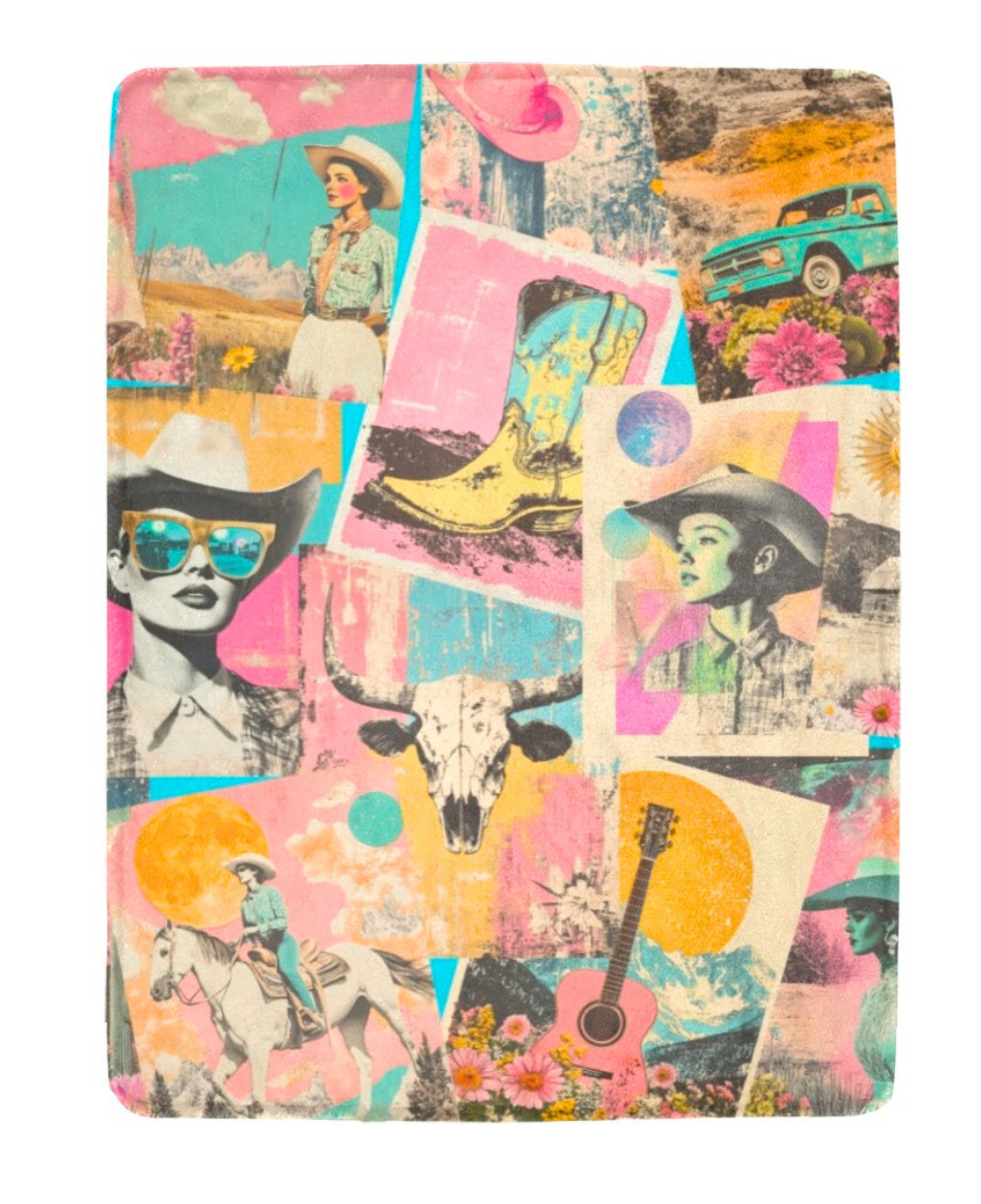Baha Ranch Pop Western Retro Cowgirl Collage Throw Blanket 60" x 80" Made in America