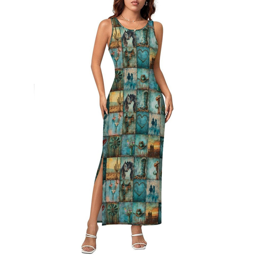 Baha Ranch Turquoise Dreams Sleeveless Bodycon Side Slit Long Dress