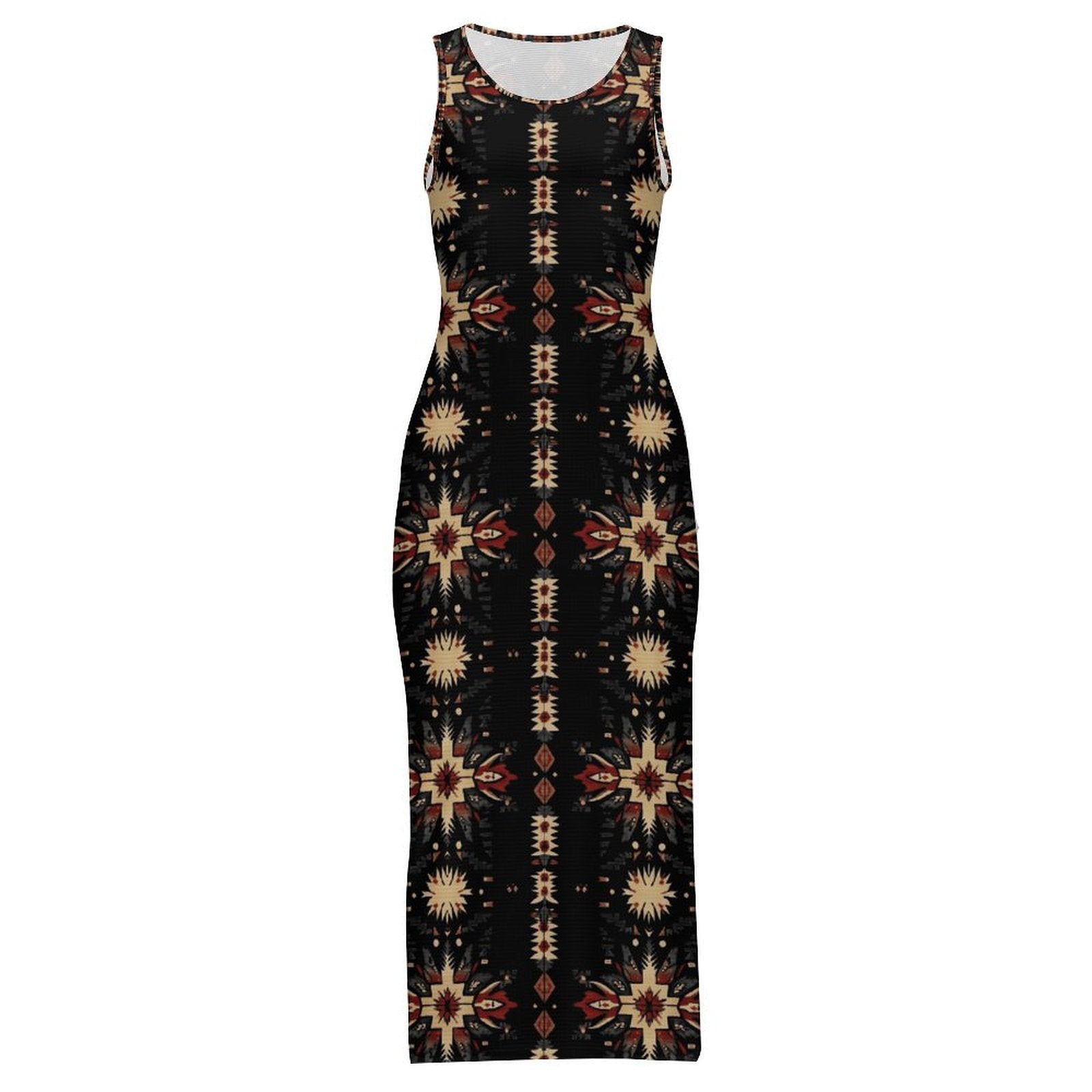 Baha Ranch Black and Tan Aztec Bodycon Side Slit Western Maxi Dress