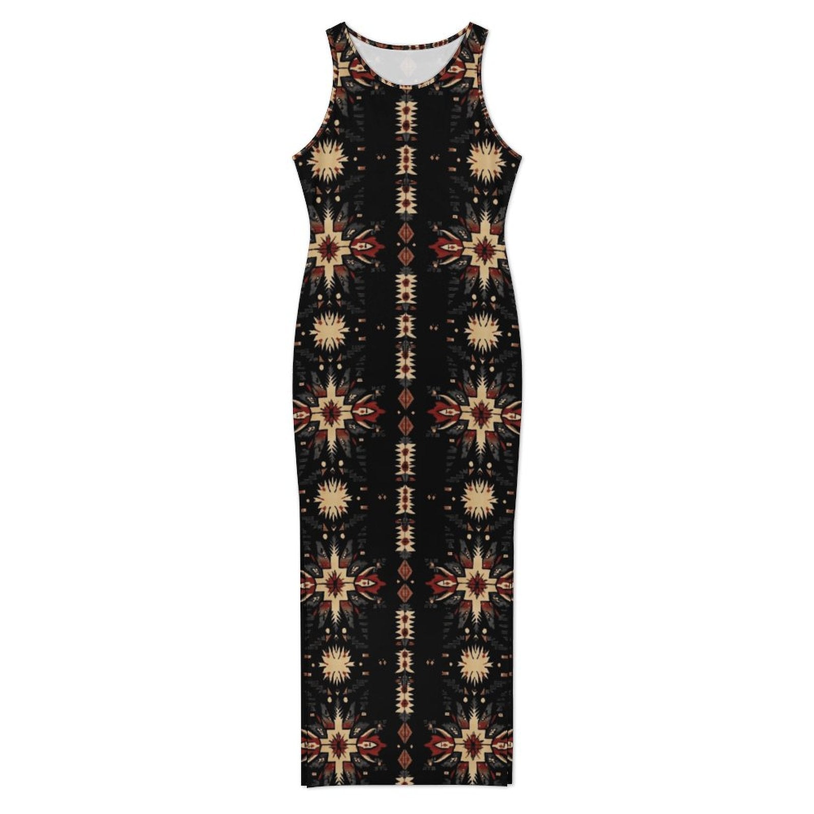 Baha Ranch Black and Tan Aztec Bodycon Side Slit Western Maxi Dress