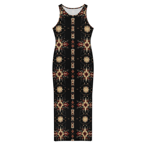 Baha Ranch Black and Tan Aztec Bodycon Side Slit Western Maxi Dress