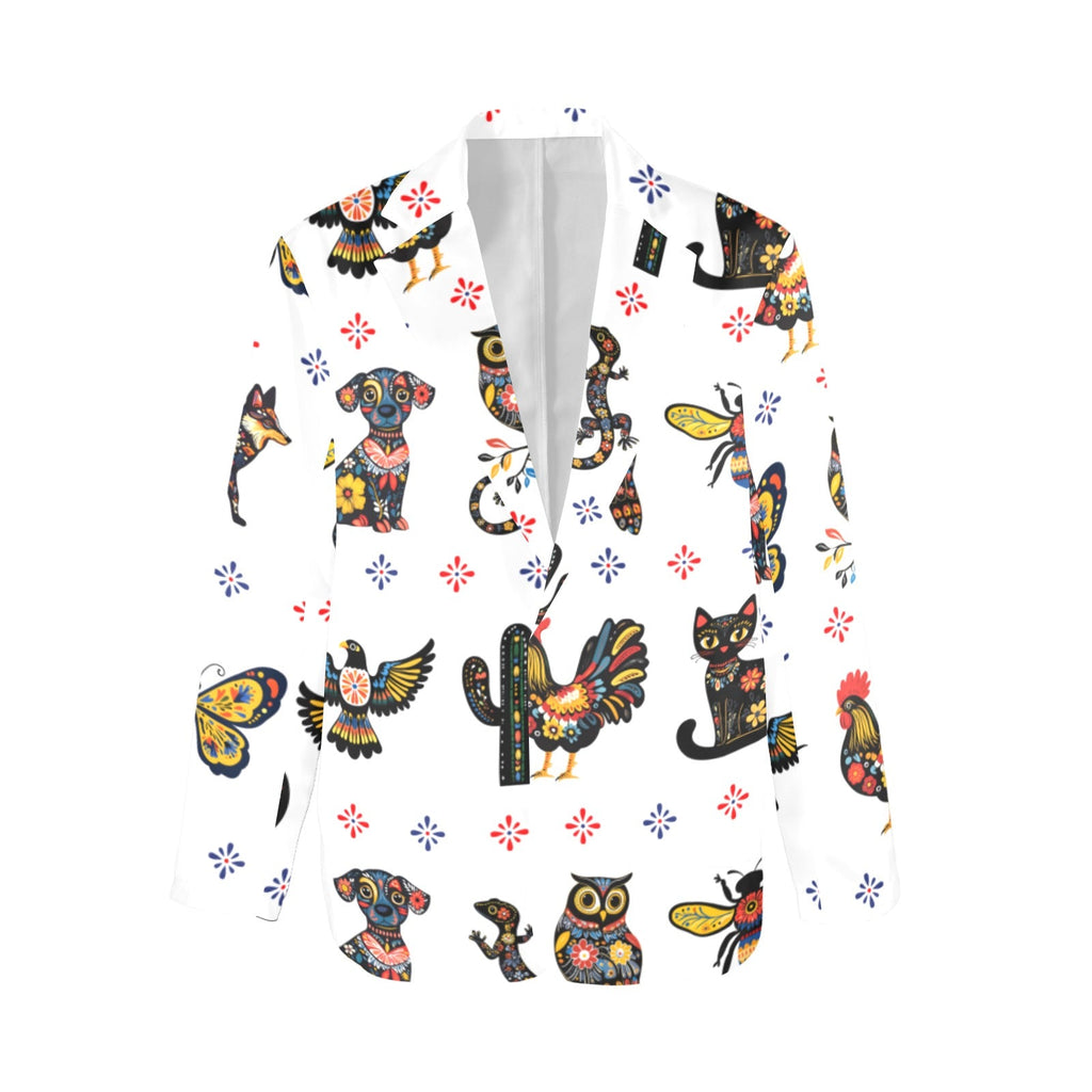 Baha Ranch Colores de Mexico Mexican Talavera Floral Animals Blazer in White
