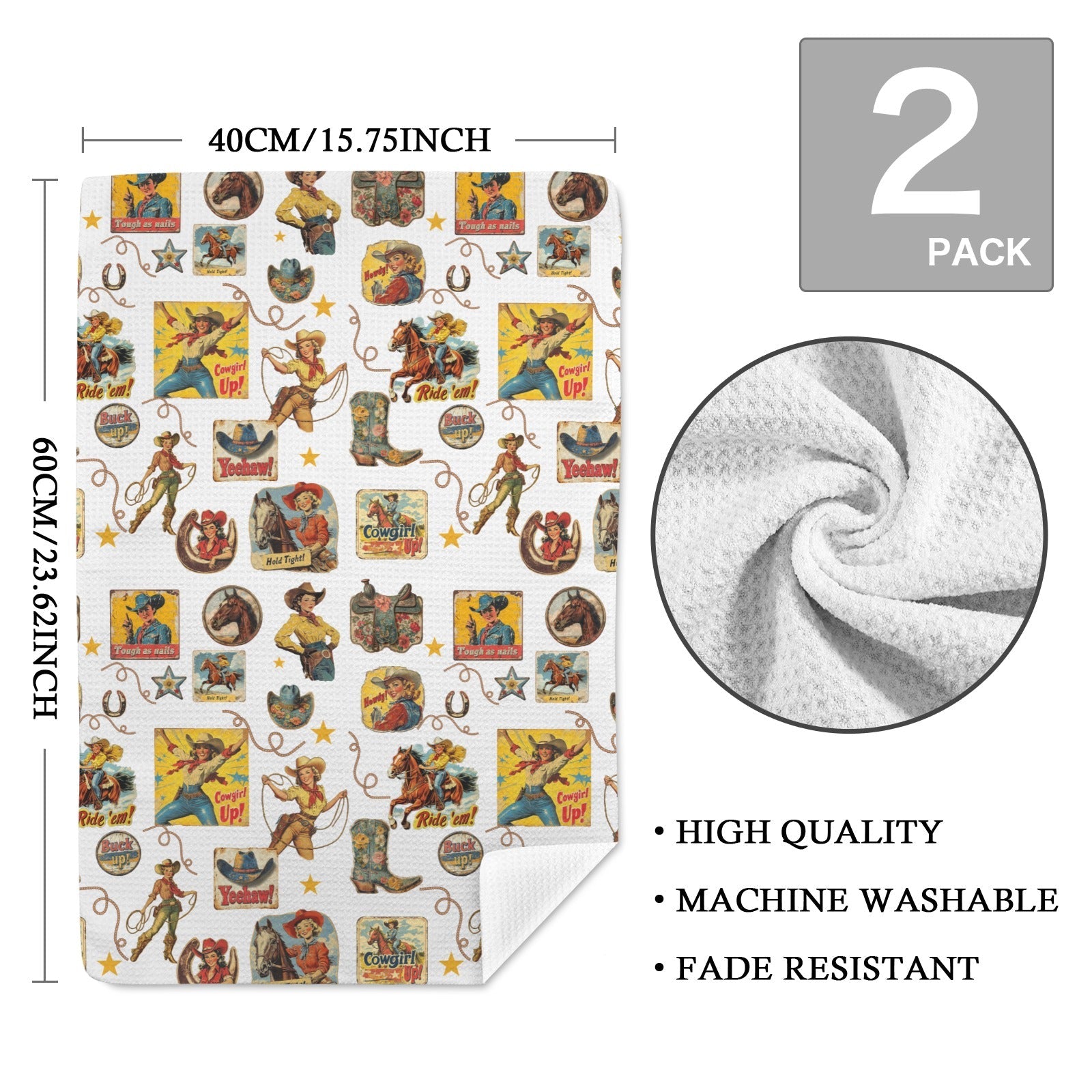 Baha Ranch Vintage Cowgirl Collage Dish Towels Set of 2 Made in America