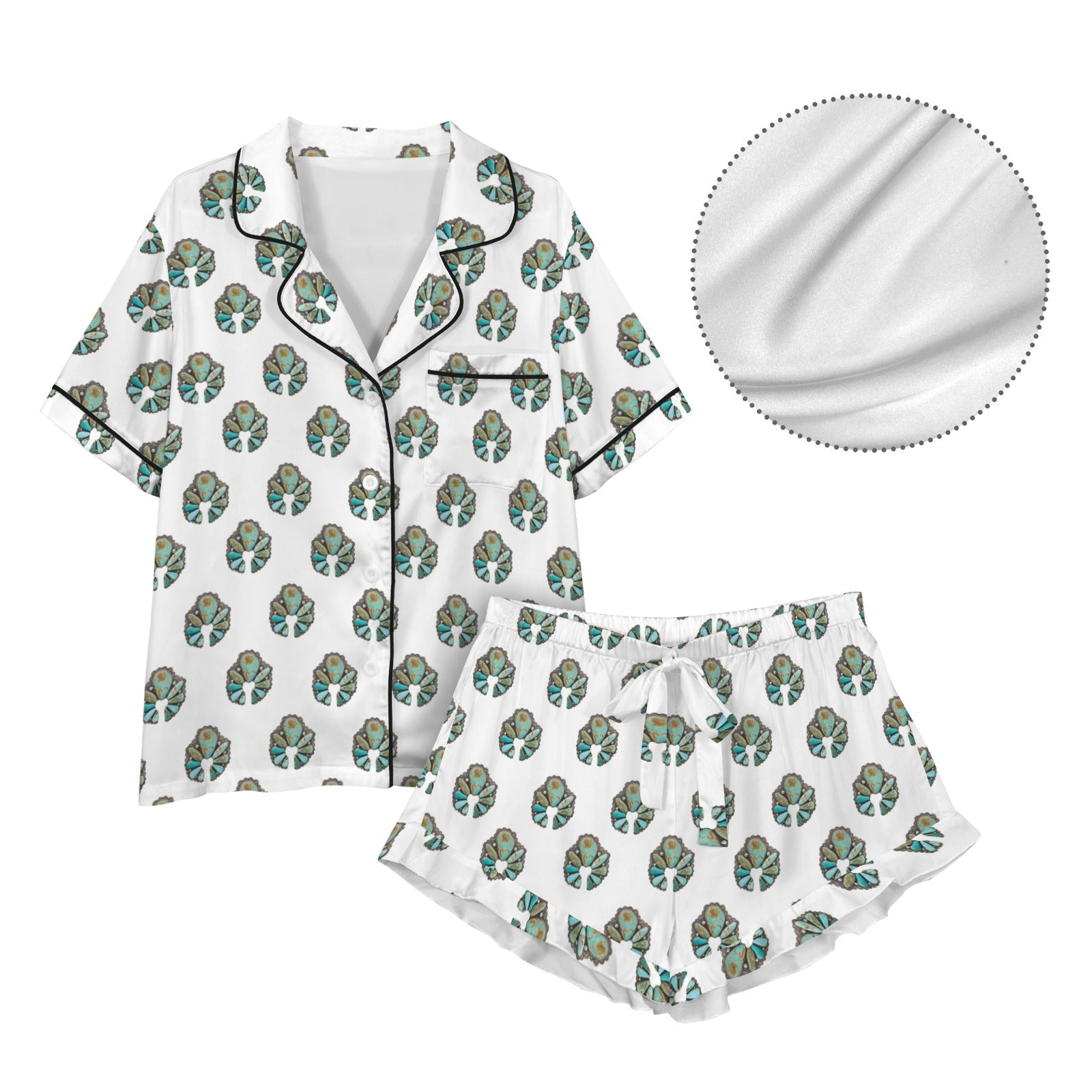 Baha Ranch Turquoise Naja White Satin Ruffle Pajama Set