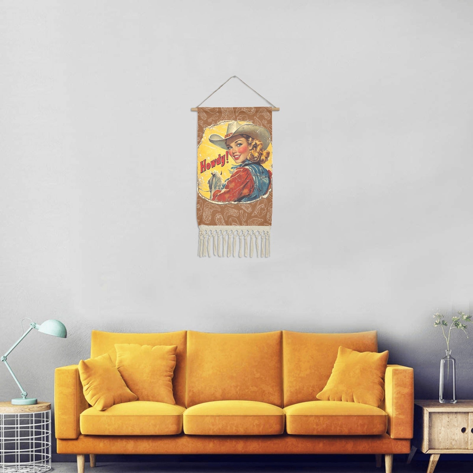 Baha Ranch Howdy Vintage Cowgirl Western Wall Decor Linen Hanging Poster with Fringe Made in America
