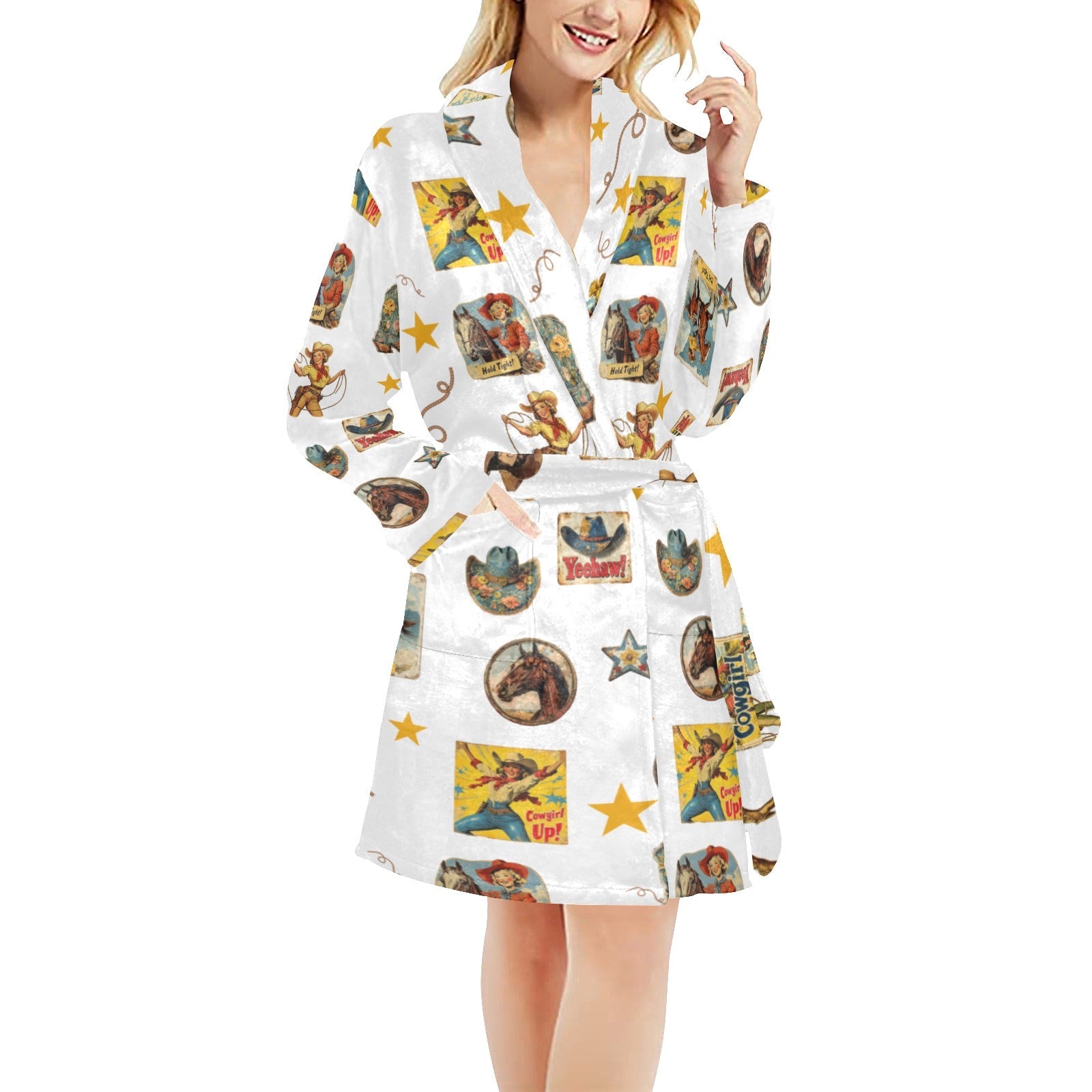 Baha Ranch Vintage Cowgirl Collage Women's Western Bath Robe