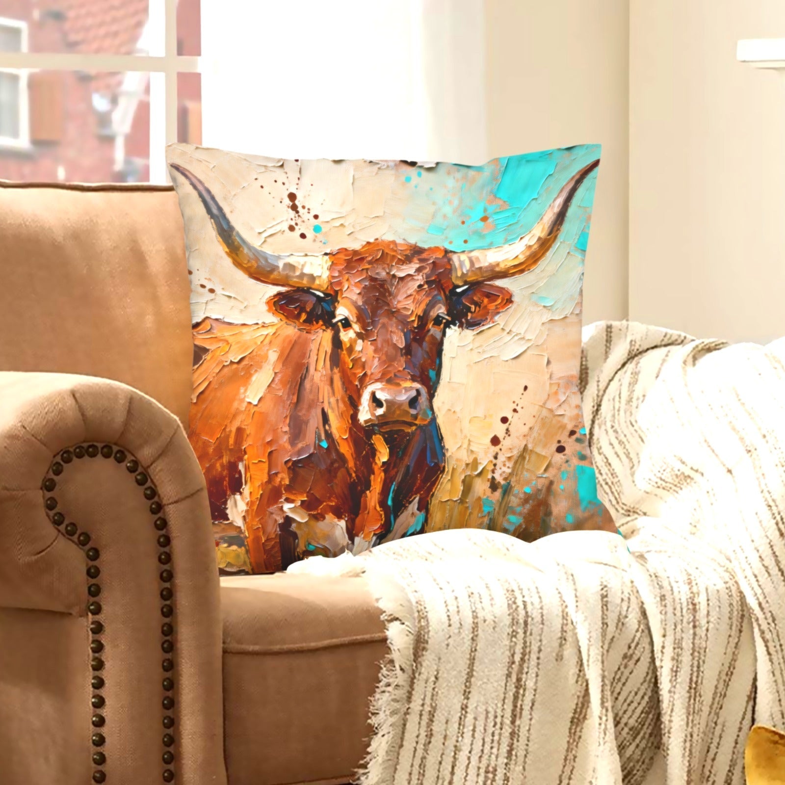 Baha Ranch Painted Bull Velvety Soft Pillow Cover Made in America