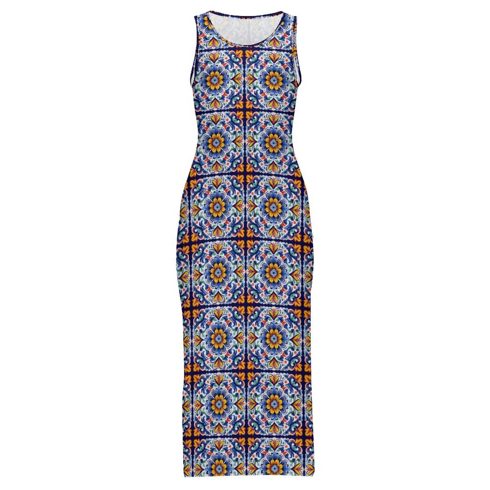 Baha Ranch Colores de Mexico Talavera Sleeveless Bodycon Side Slit Long Dress
