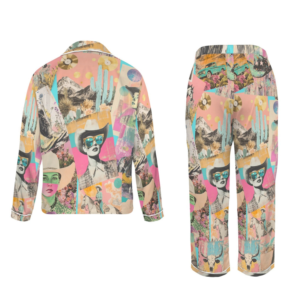 Baha Ranch Pop Western Collage Cowgirl Satin Pajamas