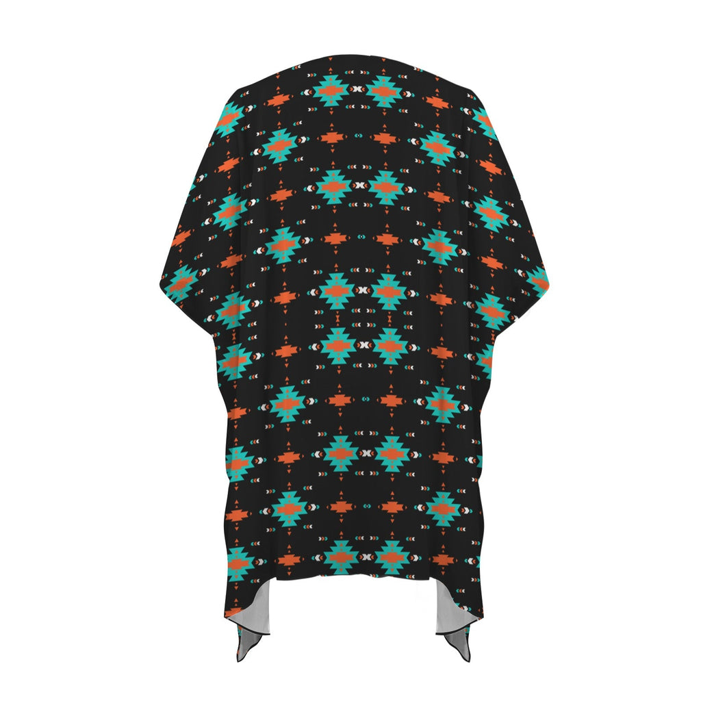 Baha Ranch Black Turquoise Orange Aztec Duster Kimono Coverup