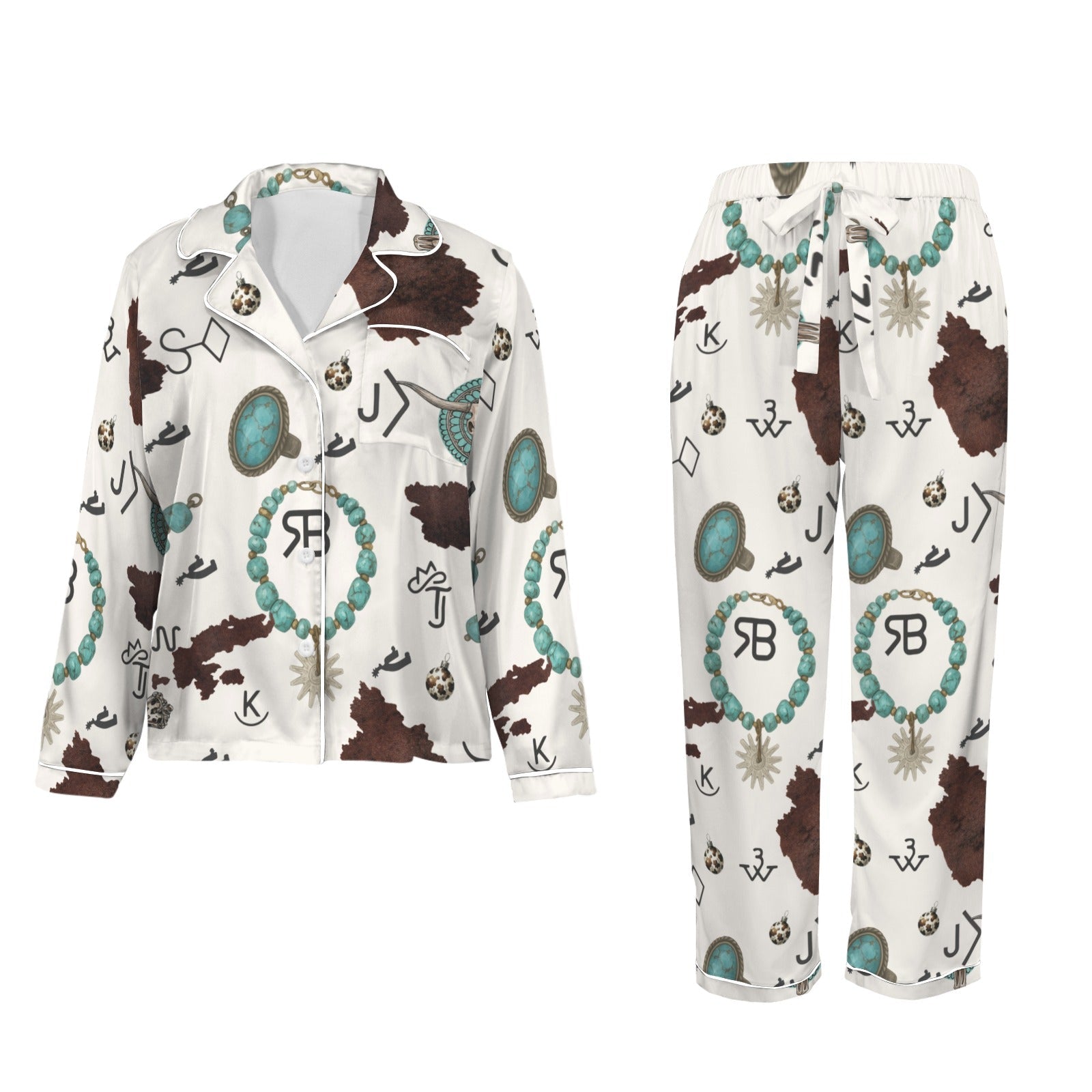 Baha Ranch Brands & Turquoise Cowgirl Christmas Western Cowprint Satin Pajamas