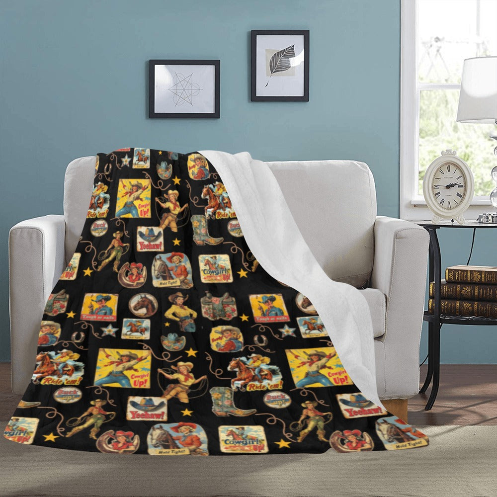 Baha Ranch Vintage Cowgirl Collage Micro Fleece Throw Blanket 60" x 80" Made in America