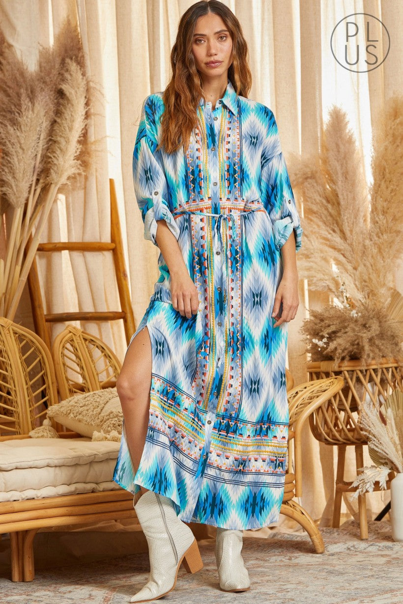 Blue Caracao Aztec Button Down Dress Duster Plus Size 2xl or 3XL