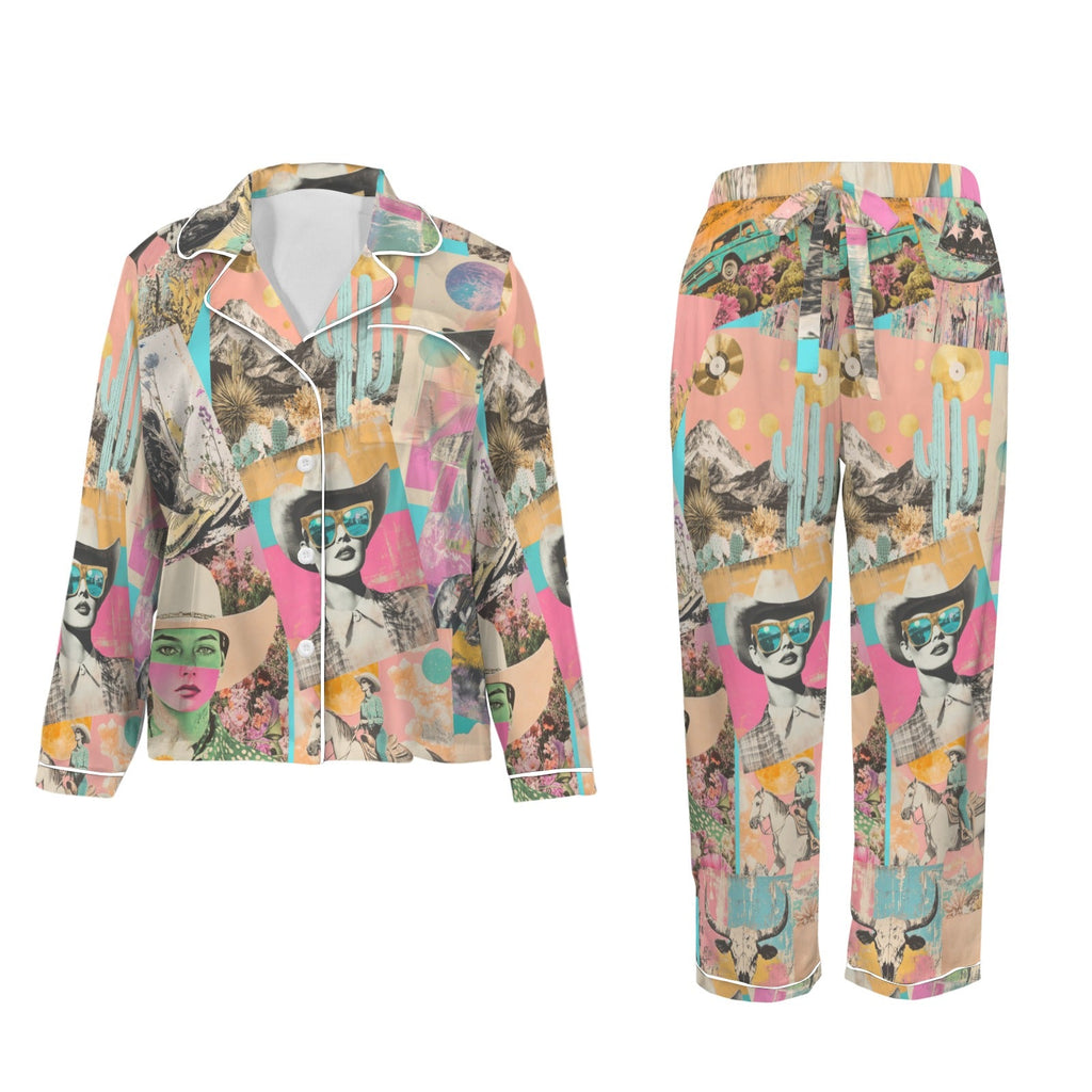 Baha Ranch Pop Western Collage Cowgirl Satin Pajamas