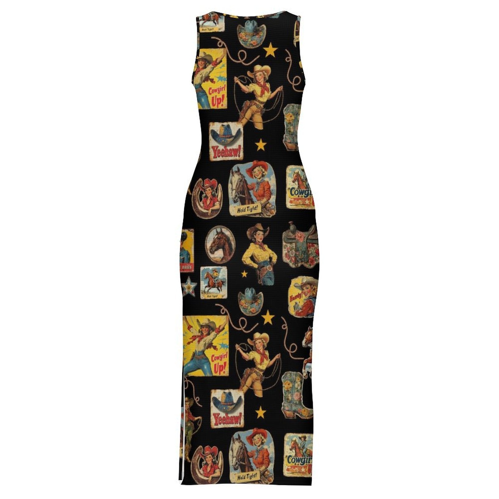 Baha Ranch Vintage Cowgirl Collage Sleeveless Bodycon Side Slit Long Dress