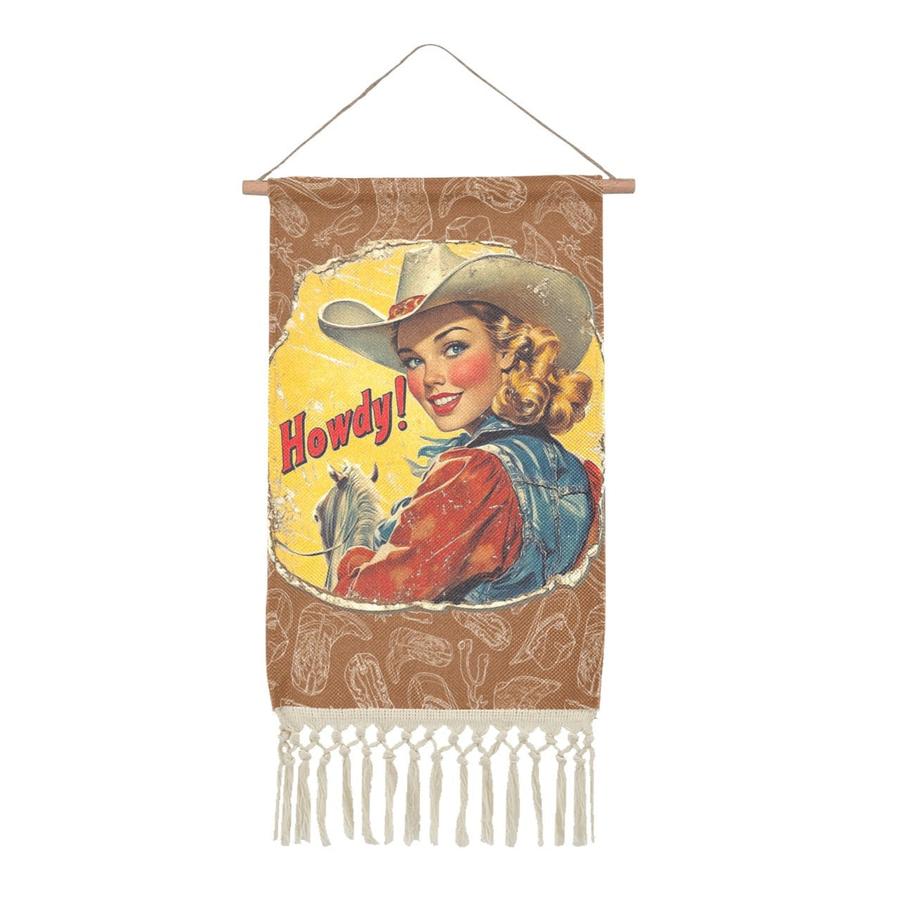Baha Ranch Howdy Vintage Cowgirl Western Wall Decor Linen Hanging Poster with Fringe Made in America