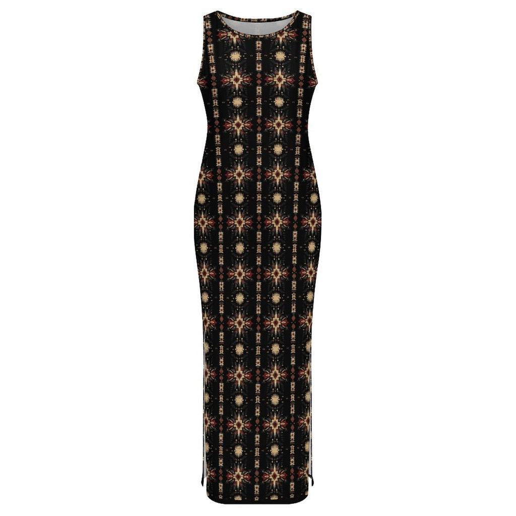 Baha Ranch Black and Tan Aztec Sleeveless Bodycon Side Slit Maxi Dress