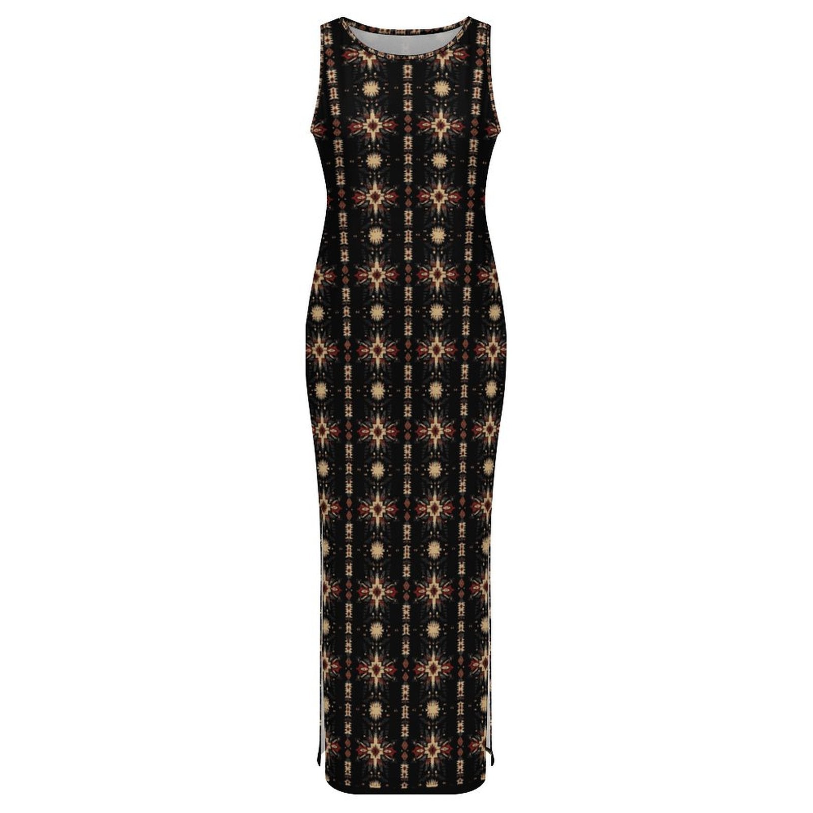 Baha Ranch Black and Tan Aztec Sleeveless Bodycon Side Slit Maxi Dress
