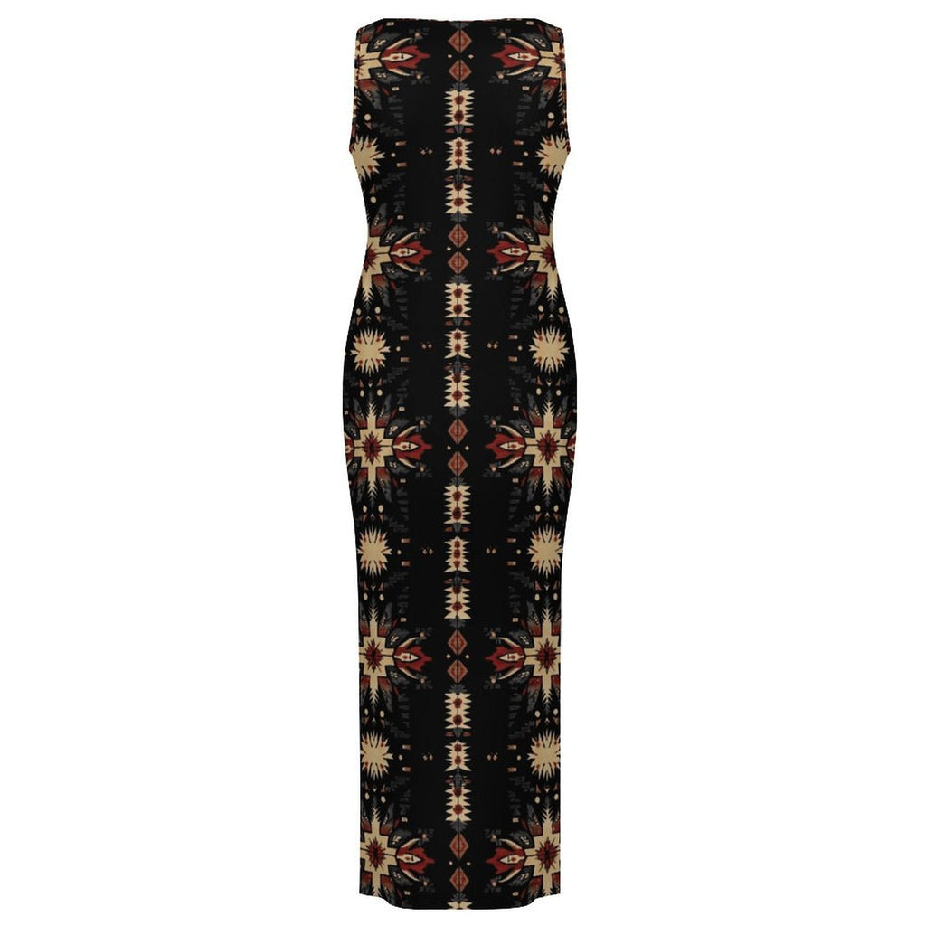 Baha Ranch Black and Tan Aztec Bodycon Side Slit Western Maxi Dress