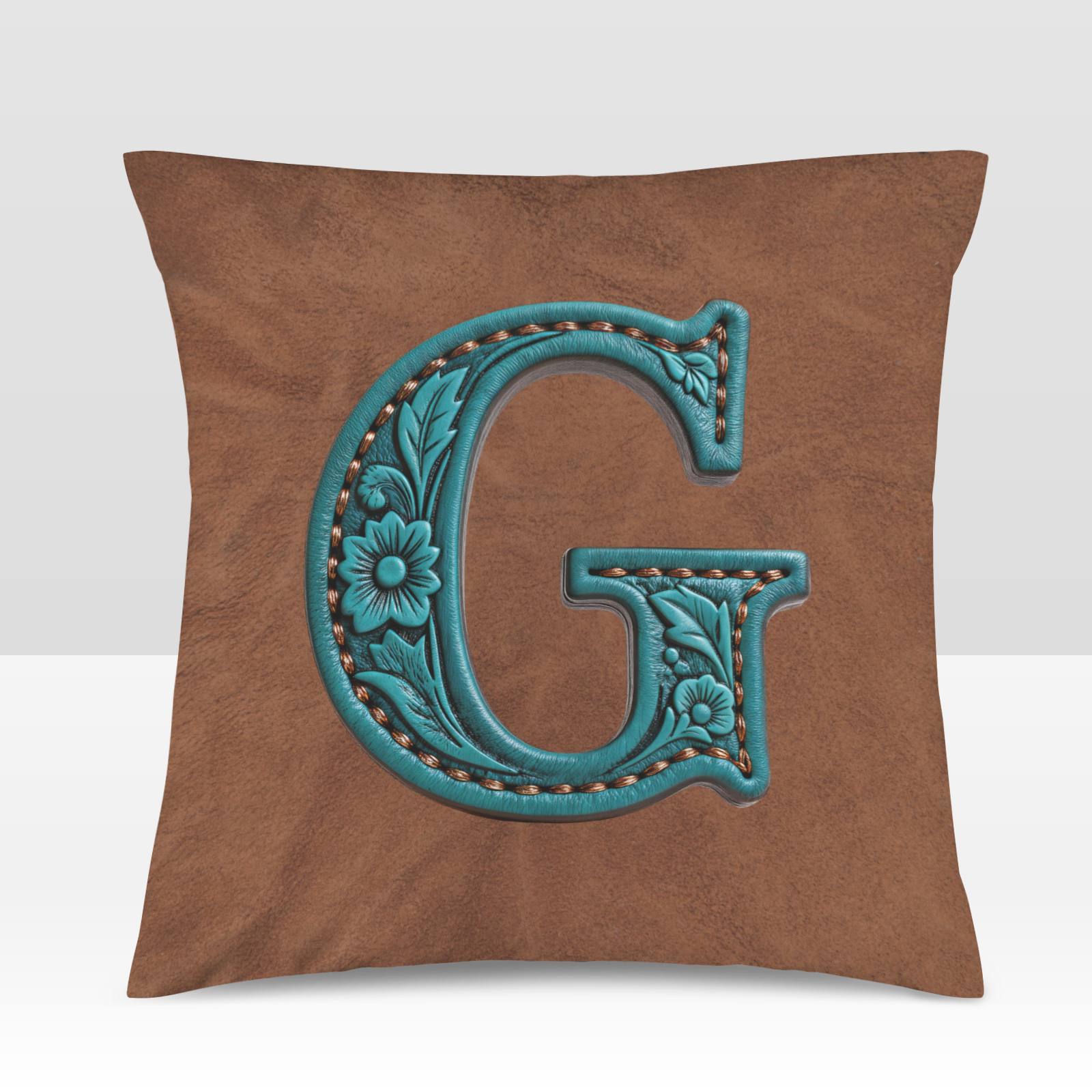 Baha Ranch Velvety Soft Western Tooled Initial Personalized Pillow Cover Made in America