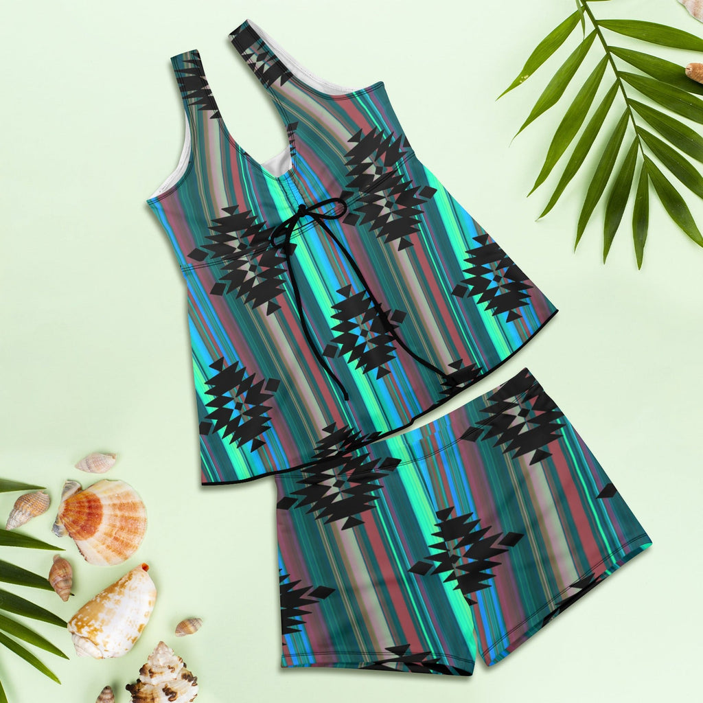 Baha Ranch Teal Aztec Tankini Boy Shorts Swim Set