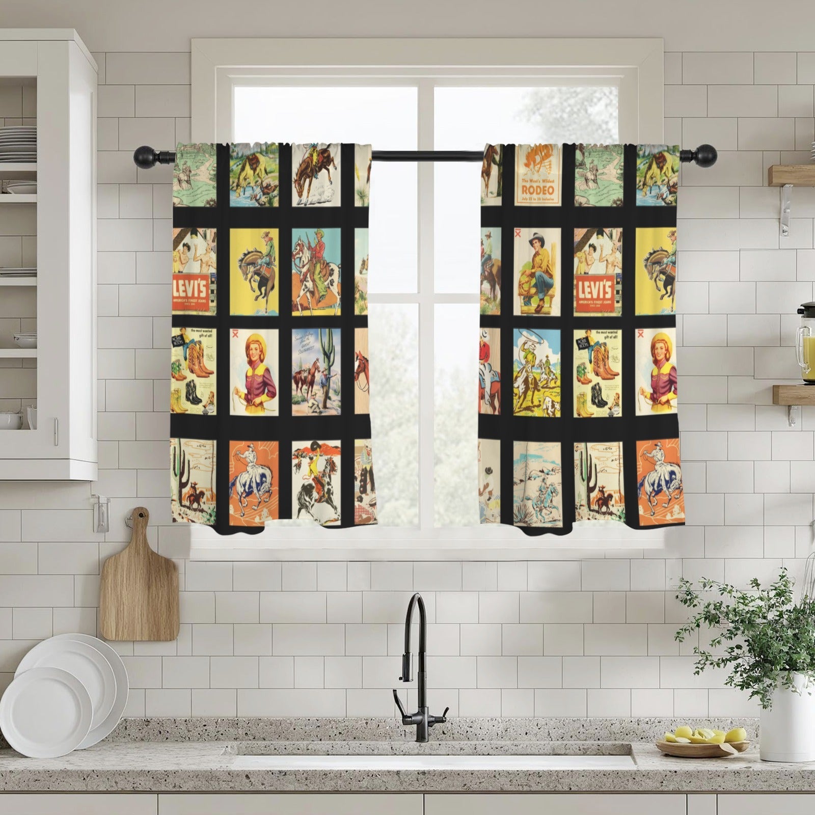 Baha Ranch Vintage Western Collage Window Curtains 28"x40" (2-Piece)Made in America