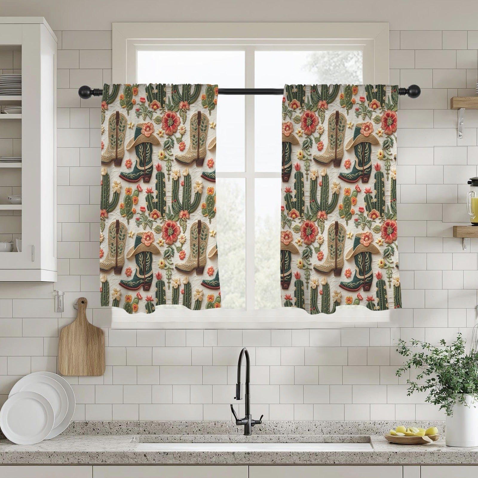 Baha Ranch Cactus and Boots Curtains 28"x40" (2-Piece) Made in America
