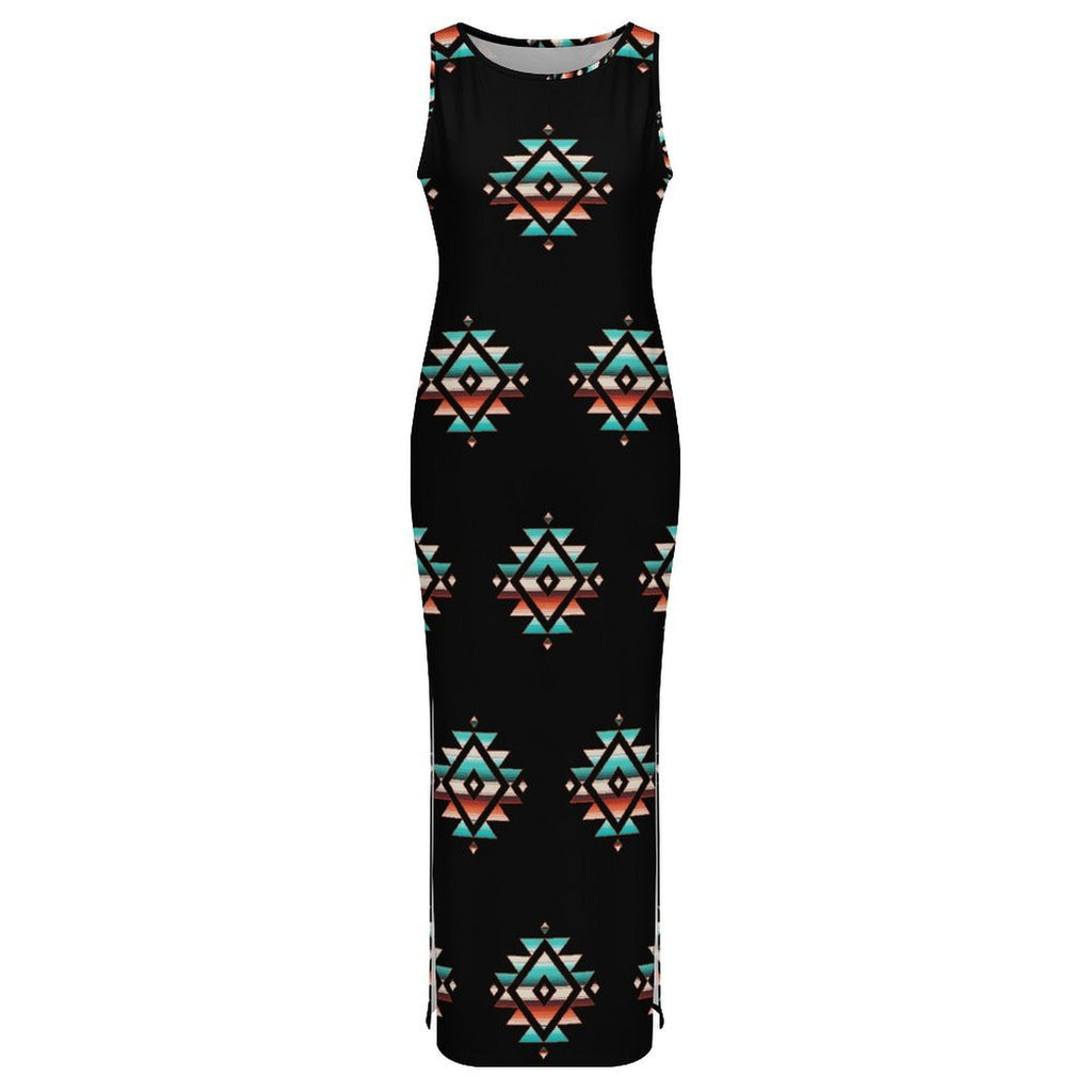 Baha Ranch Southwestern Aztec Sleeveless Bodycon Side Slit Western Maxi Dress