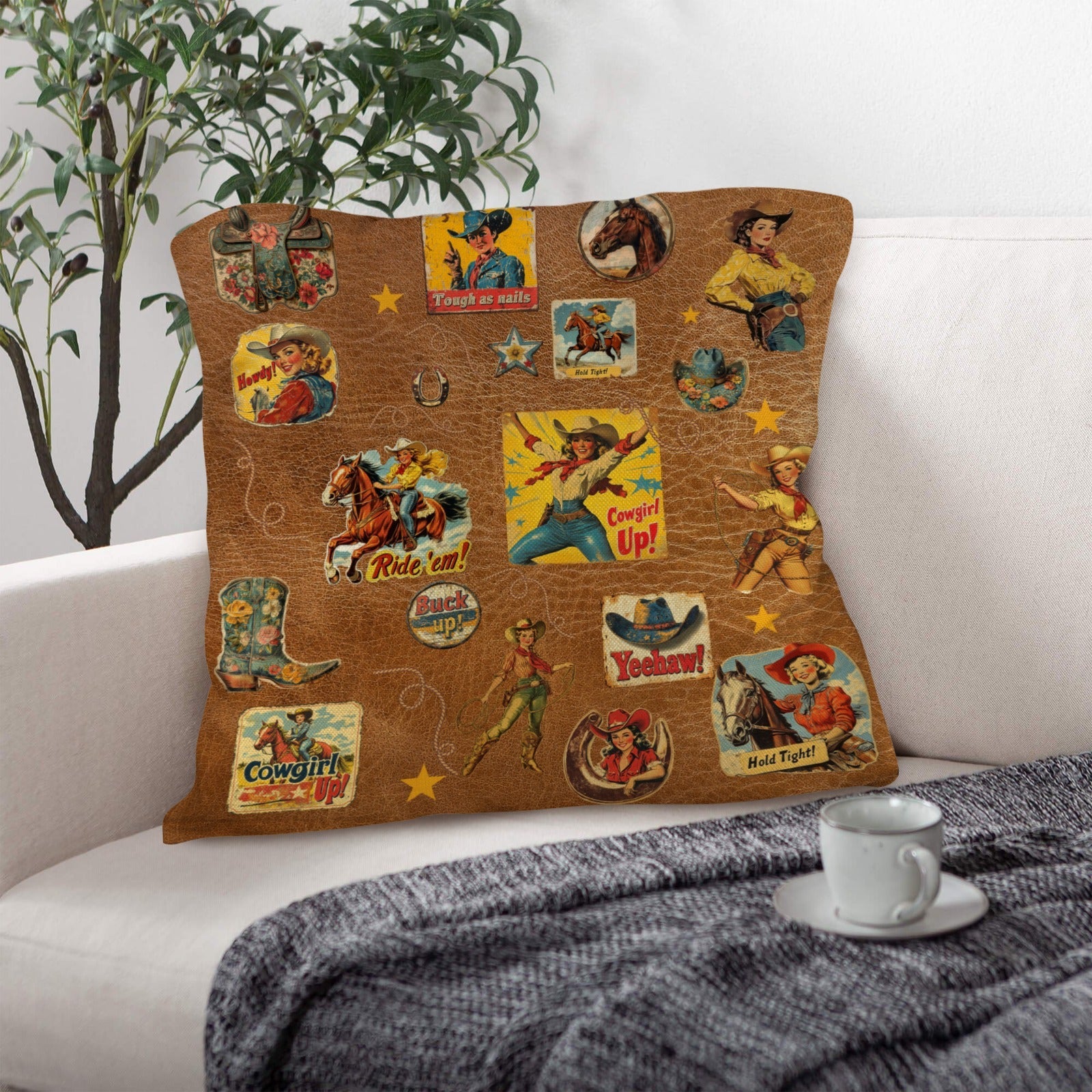 Baha Ranch Vintage Cowgirl Collage Square Pillow Case 18x18 Made in America