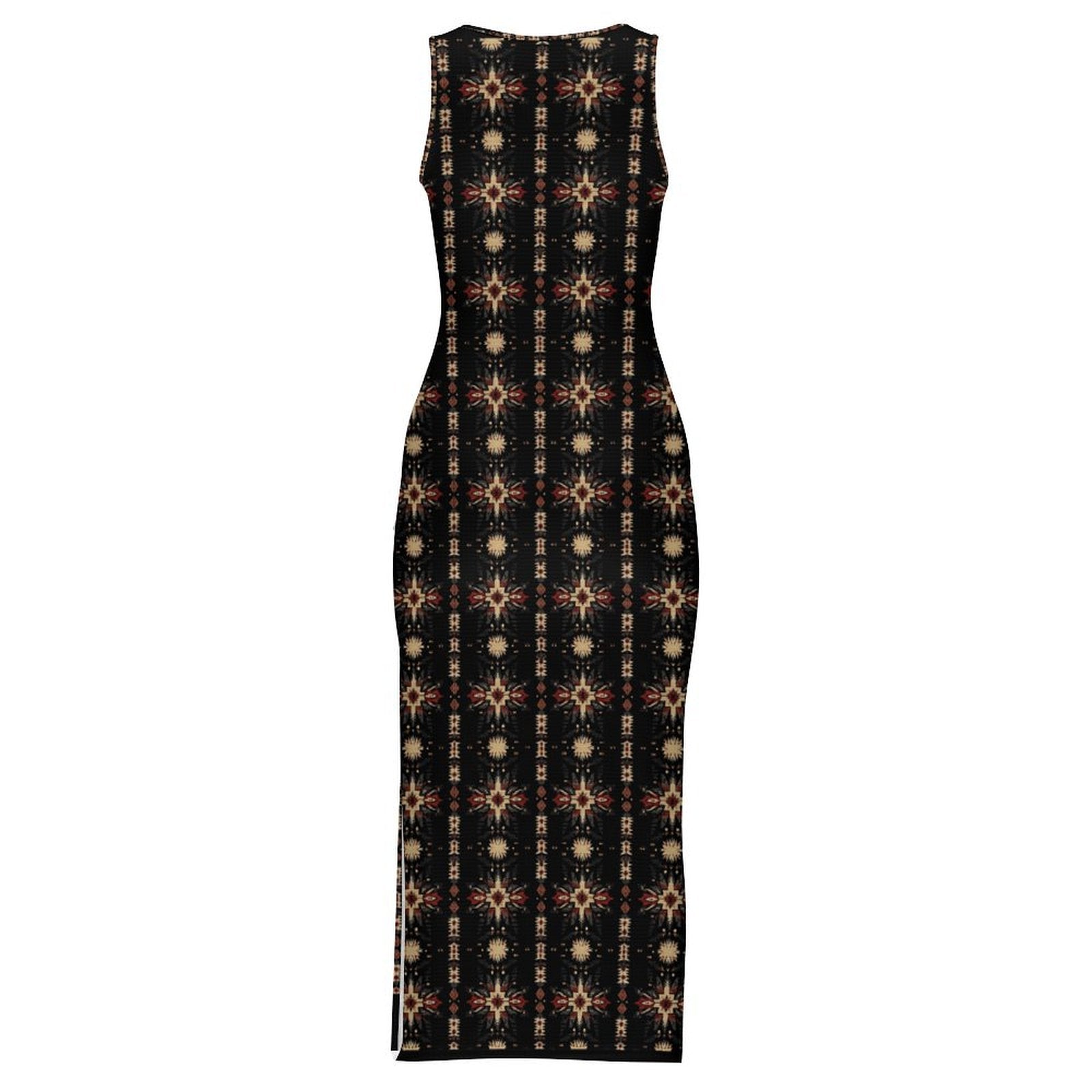 Baha Ranch Black and Tan Aztec Sleeveless Bodycon Side Slit Maxi Dress
