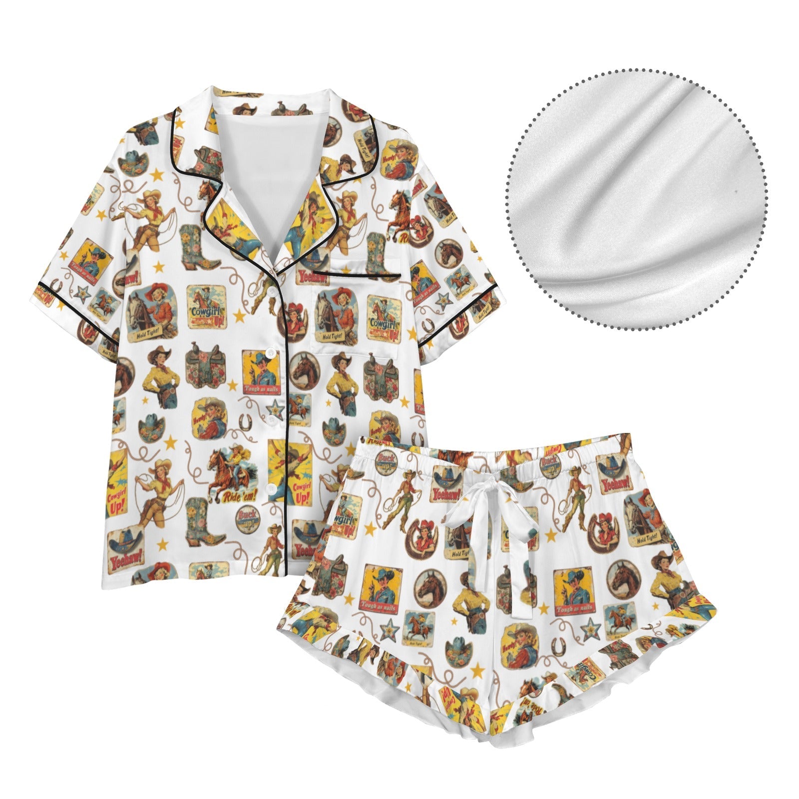 Baha Ranch Vintage Cowgirl Collage Western Satin Ruffle Pajama Set
