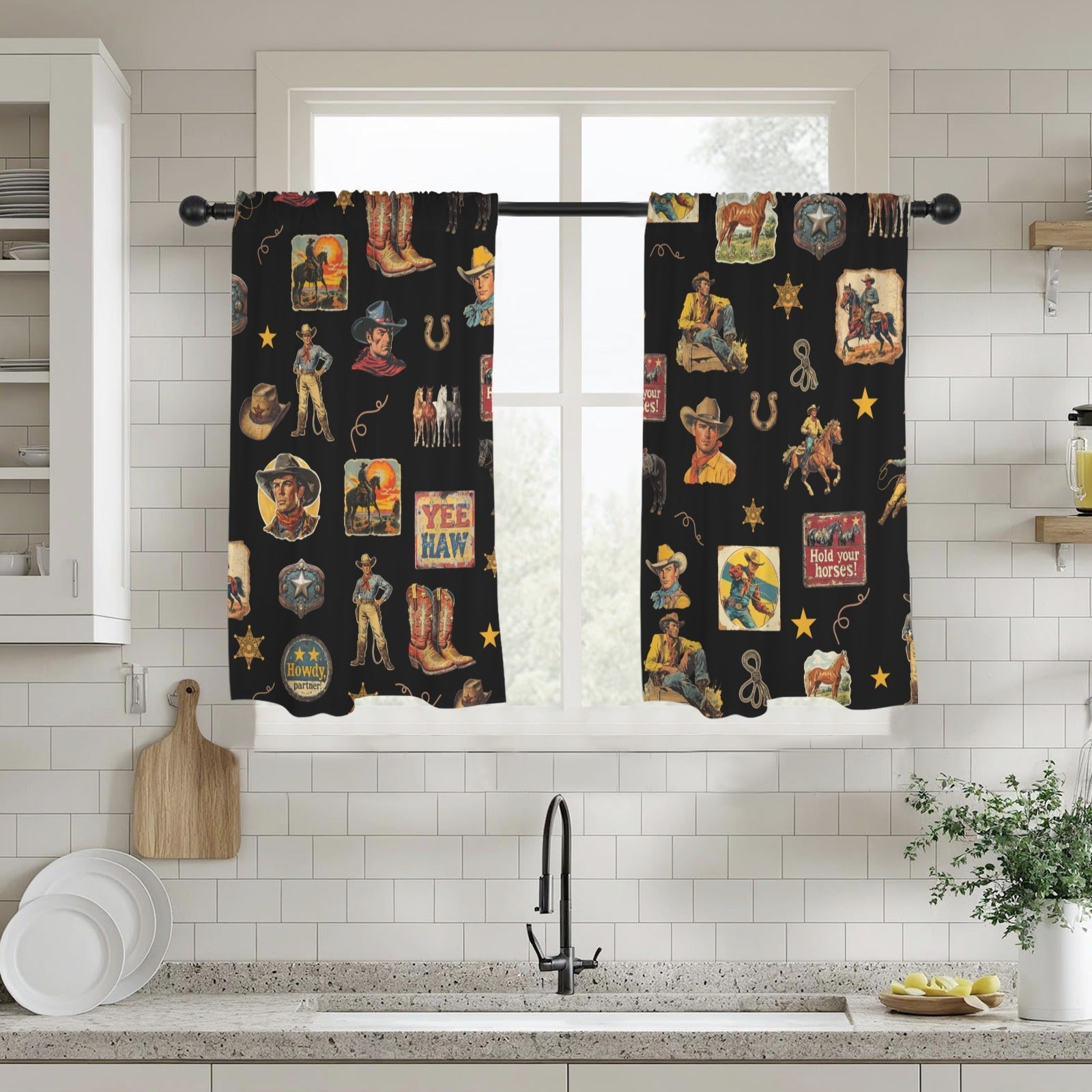 Baha Ranch Vintage Cowboy Collage Western Curtains 28" x 40" Made in America