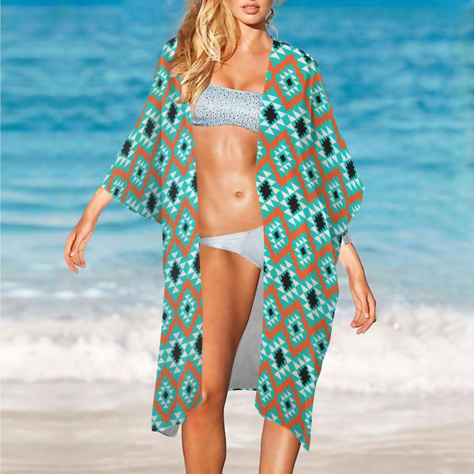 Baha Ranch Turquoise Aztec Duster Kimono Coverup