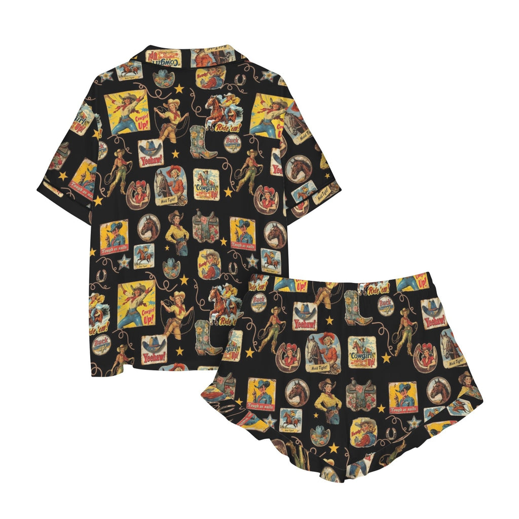 Baha Ranch Vintage Cowgirl Collage Western Ruffle Satin Pajama Set