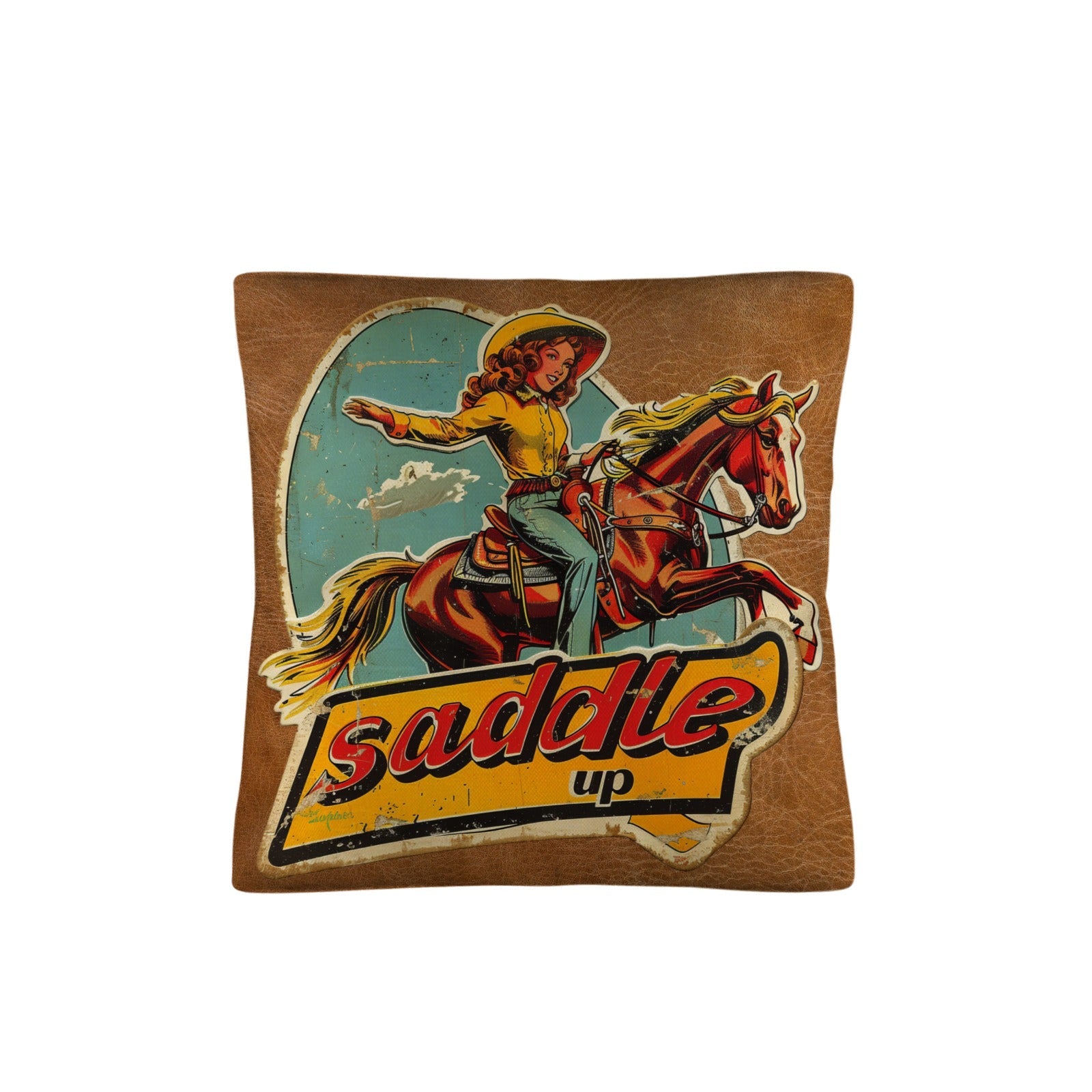Baha Ranch Saddle Up Vintage Cowgirl Throw Pillow Case 18x18inch Made in America