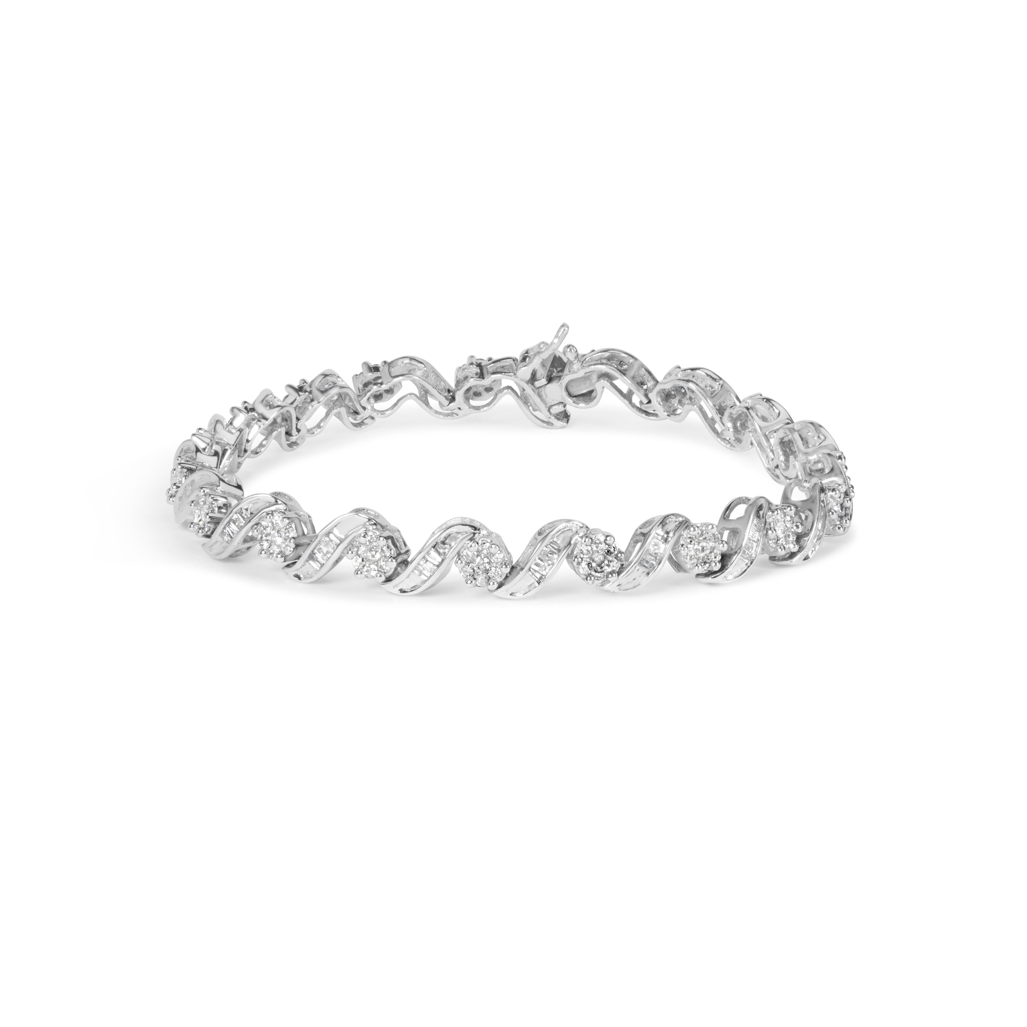 14K White Gold 2.00 Cttw Diamond Cluster and Spiral Link Bracelet (I-J Color, I1-I2 Clarity) - 7"