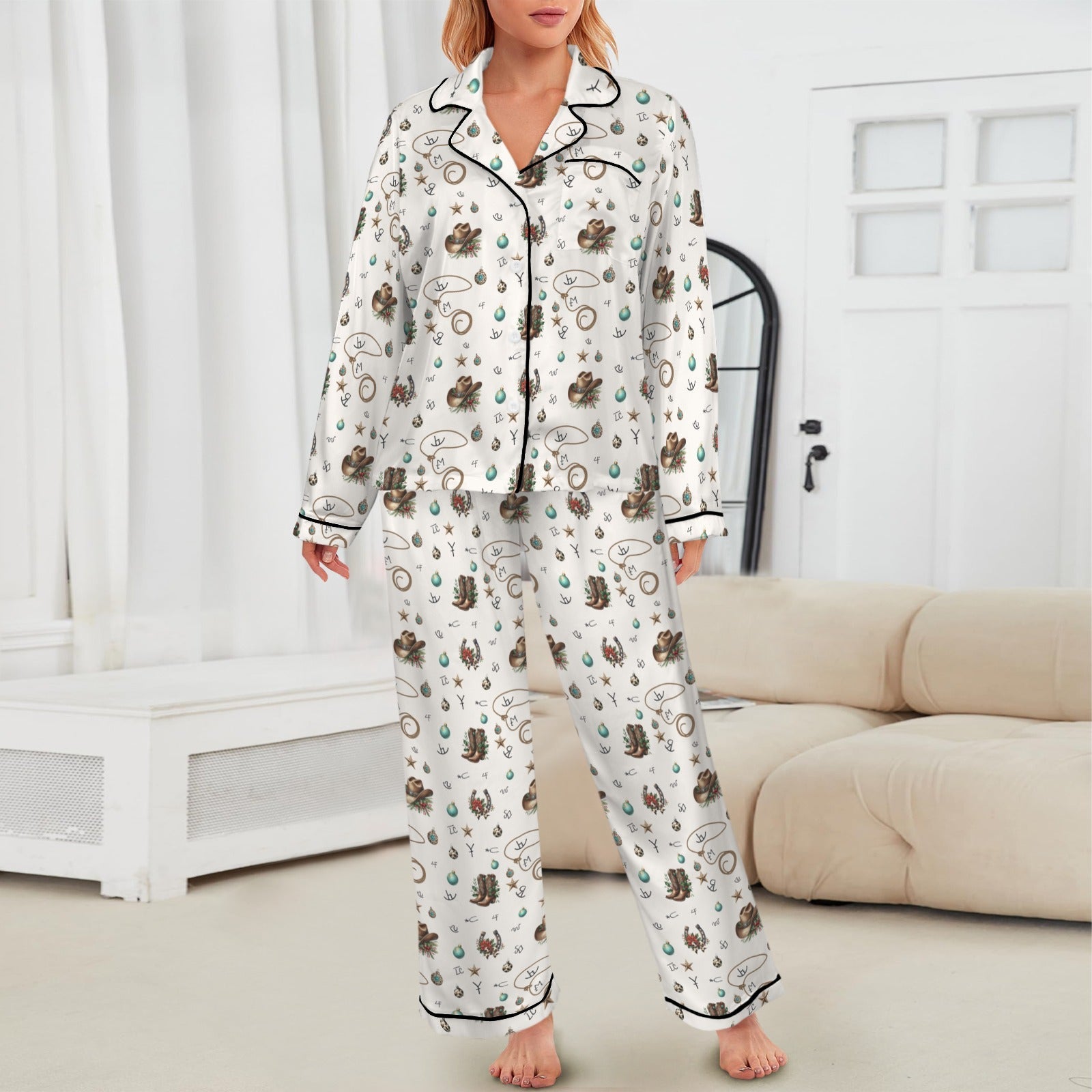 Baha Ranch Boots and Brands Western Christmas Long Satin Pajamas