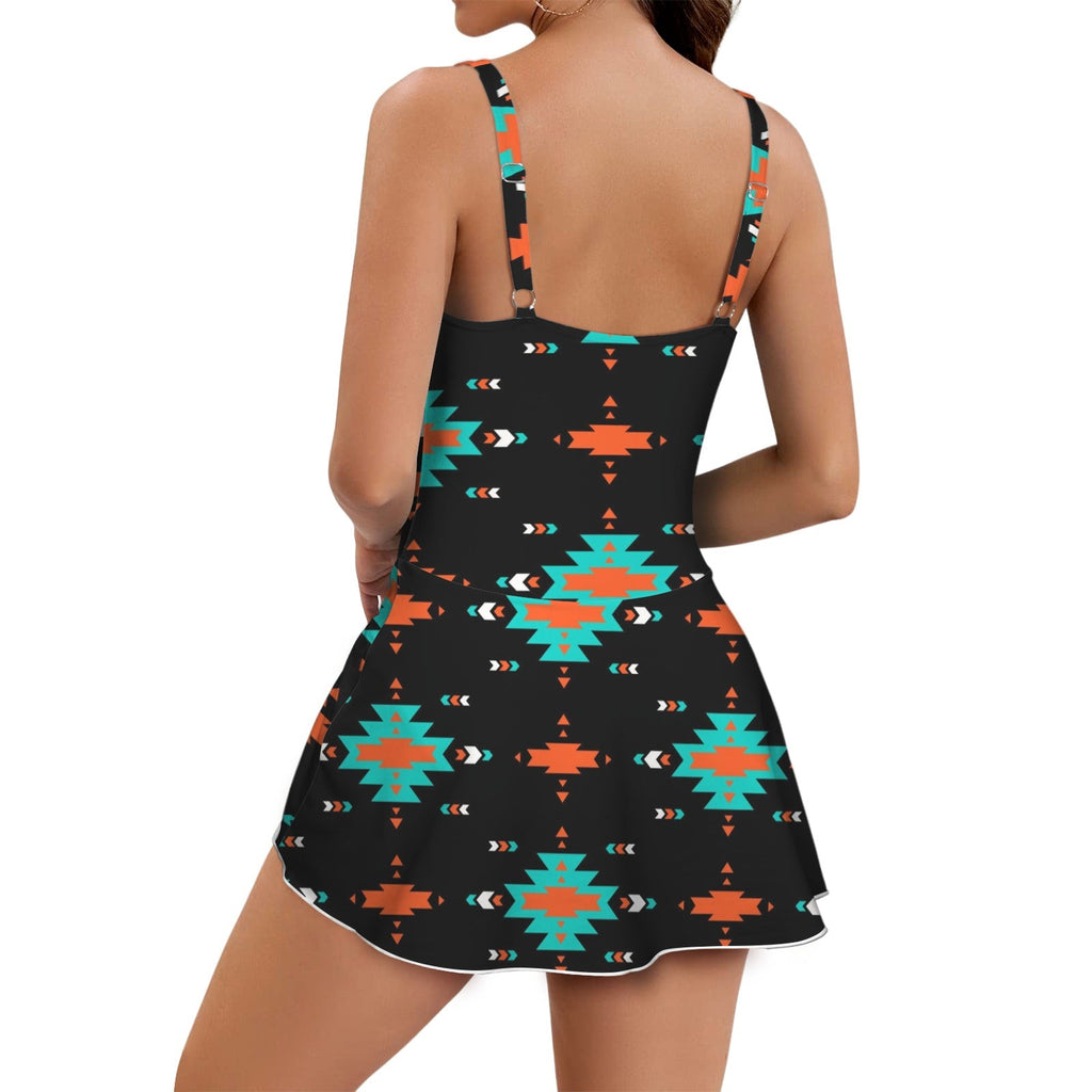 Baha Ranch Turquoise Orange Aztec Skirted Swimsuit
