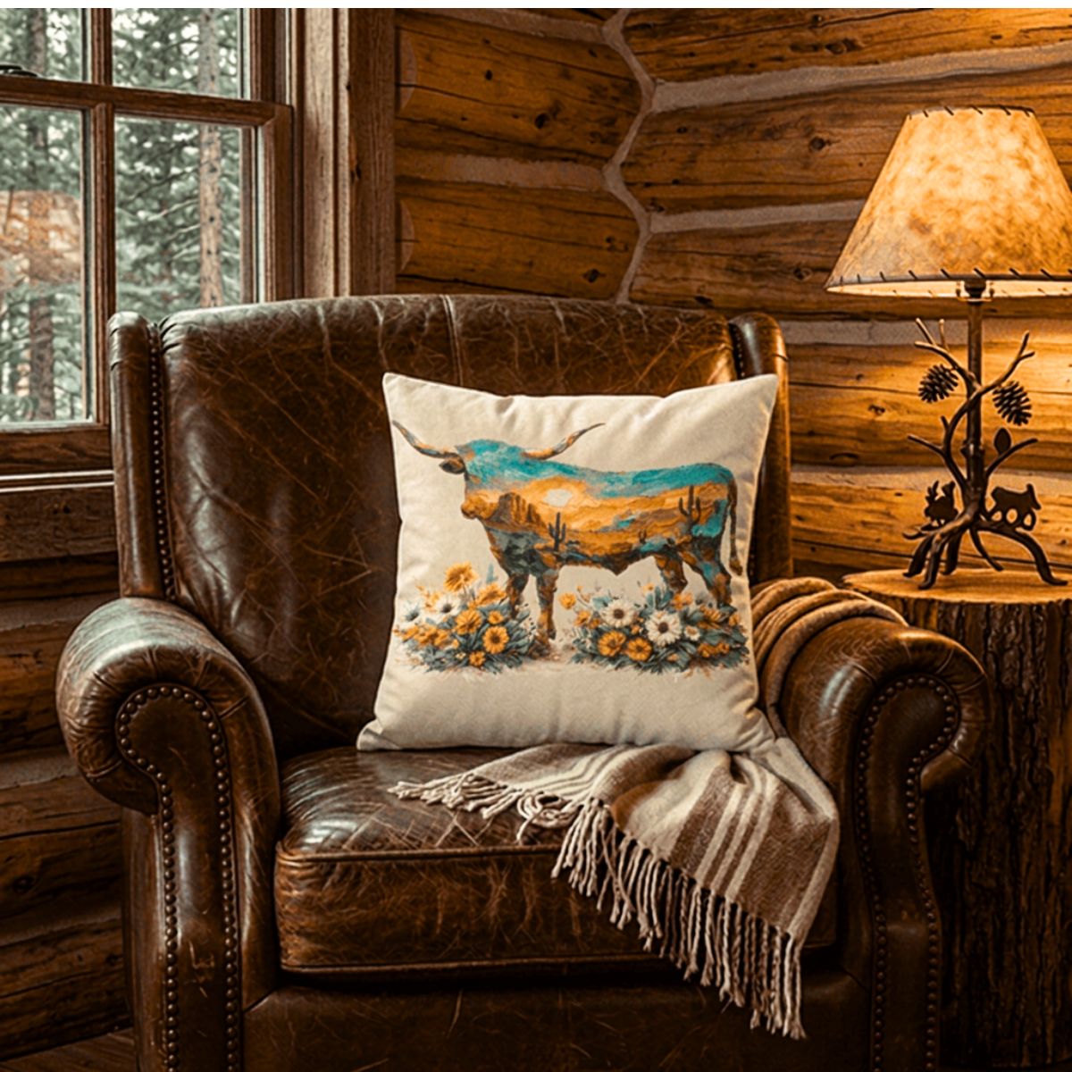 Baha Ranch Velvety Soft Painted Longhorn Pillow Cover Made in America